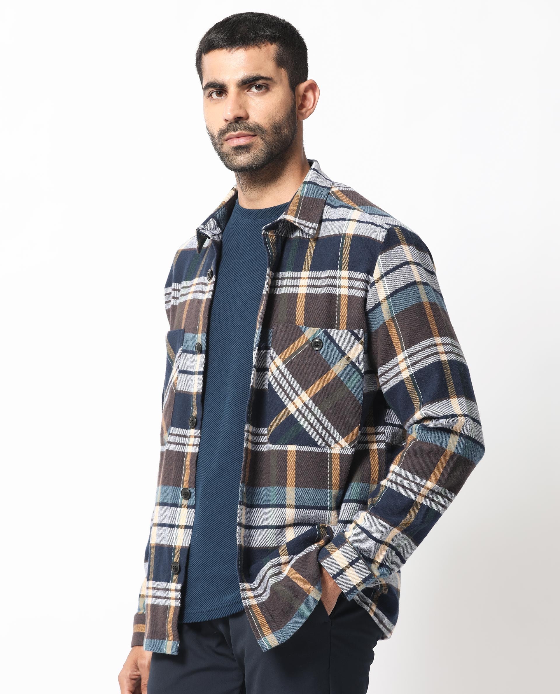 Rare Rabbit Men's Gustro Brown Cotton Fabric Full Sleeves Button Closure Checks Shacket