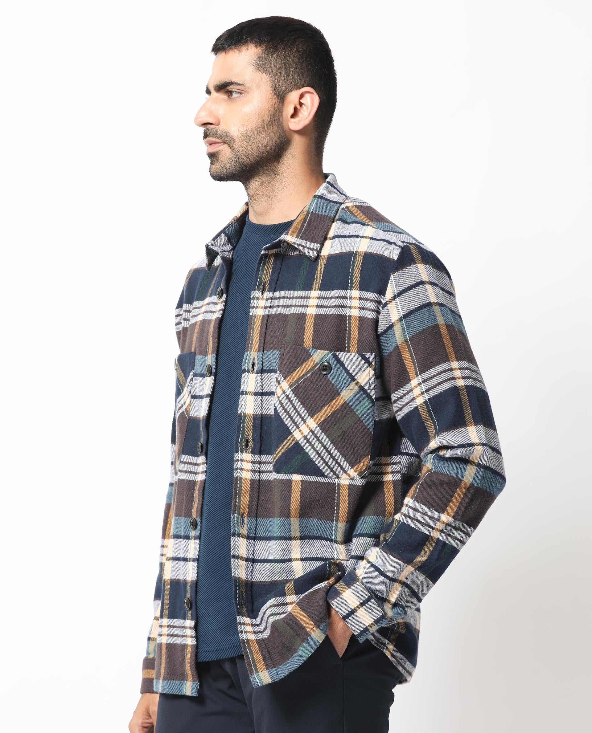 Rare Rabbit Men's Gustro Brown Cotton Fabric Full Sleeves Button Closure Checks Shacket