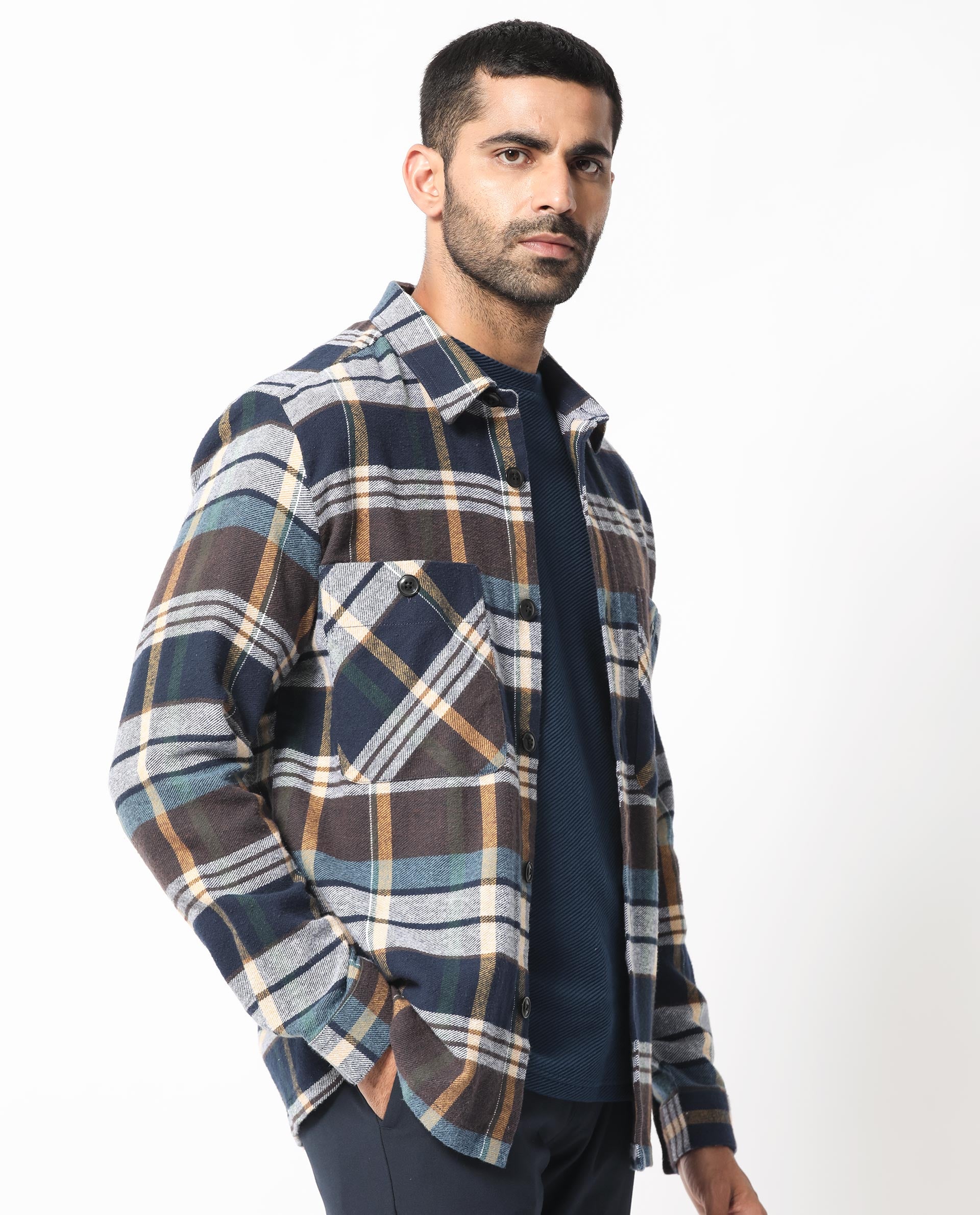 Rare Rabbit Men's Gustro Brown Cotton Fabric Full Sleeves Button Closure Checks Shacket