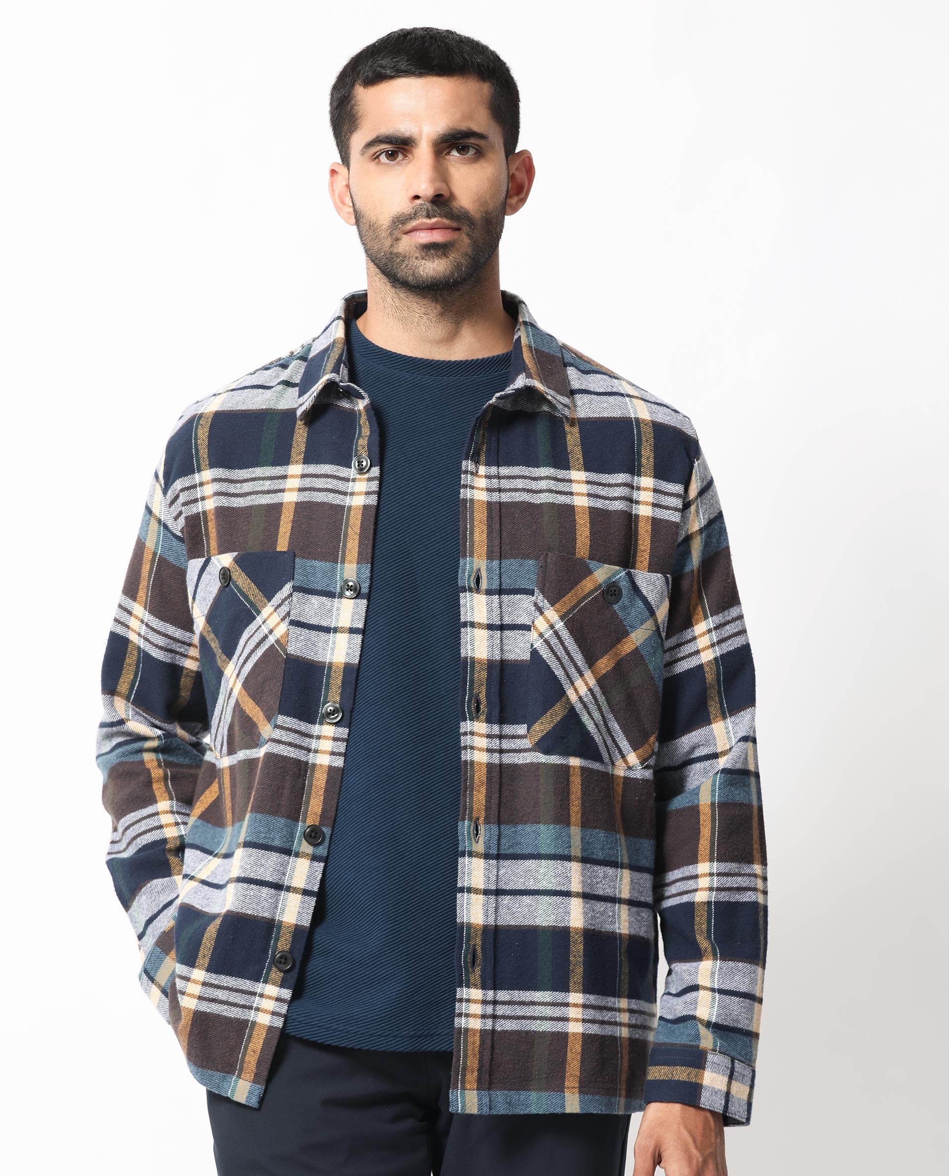 Rare Rabbit Men's Gustro Brown Cotton Fabric Full Sleeves Button Closure Checks Shacket