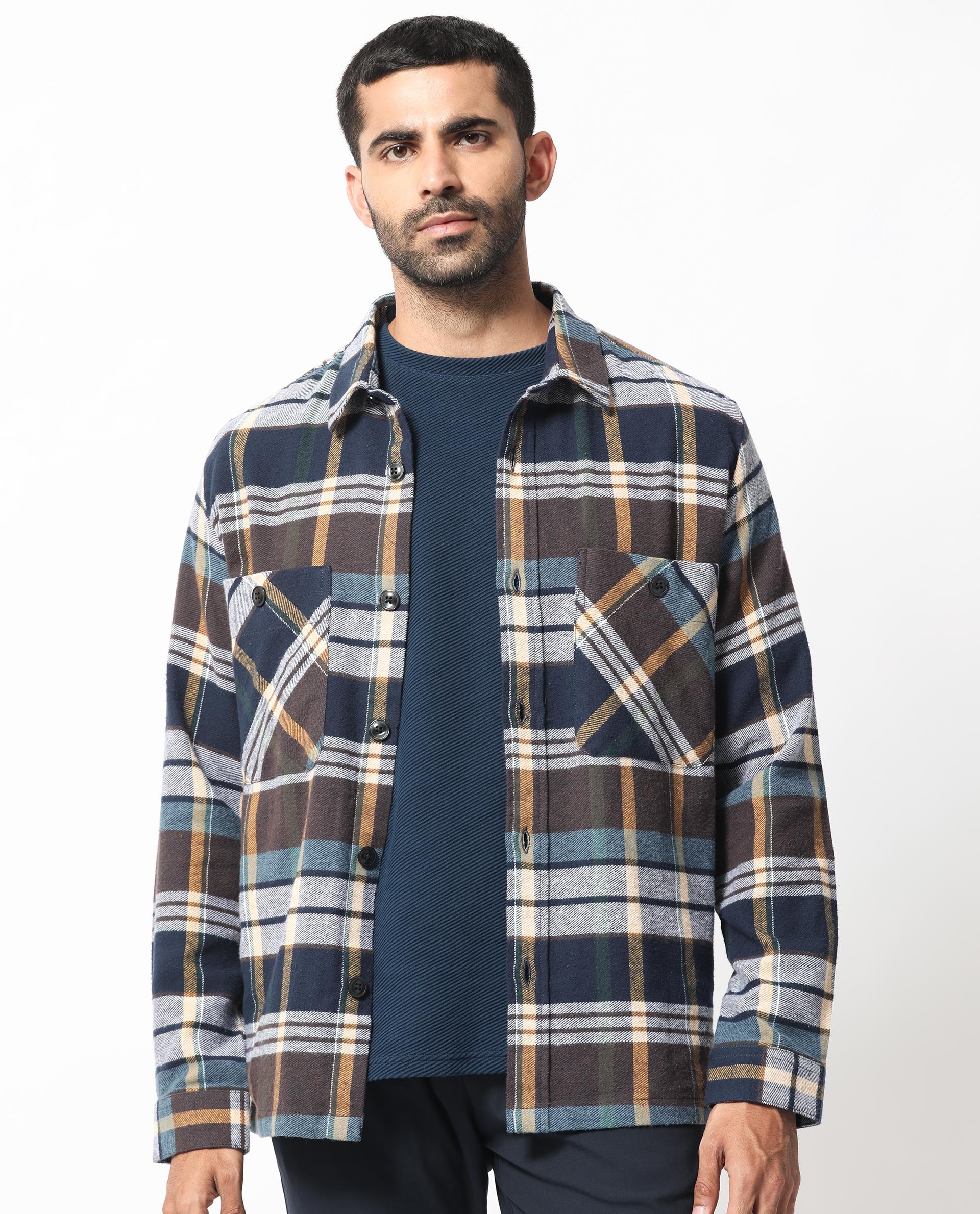 Rare Rabbit Men's Gustro Brown Cotton Fabric Full Sleeves Button Closure Checks Shacket