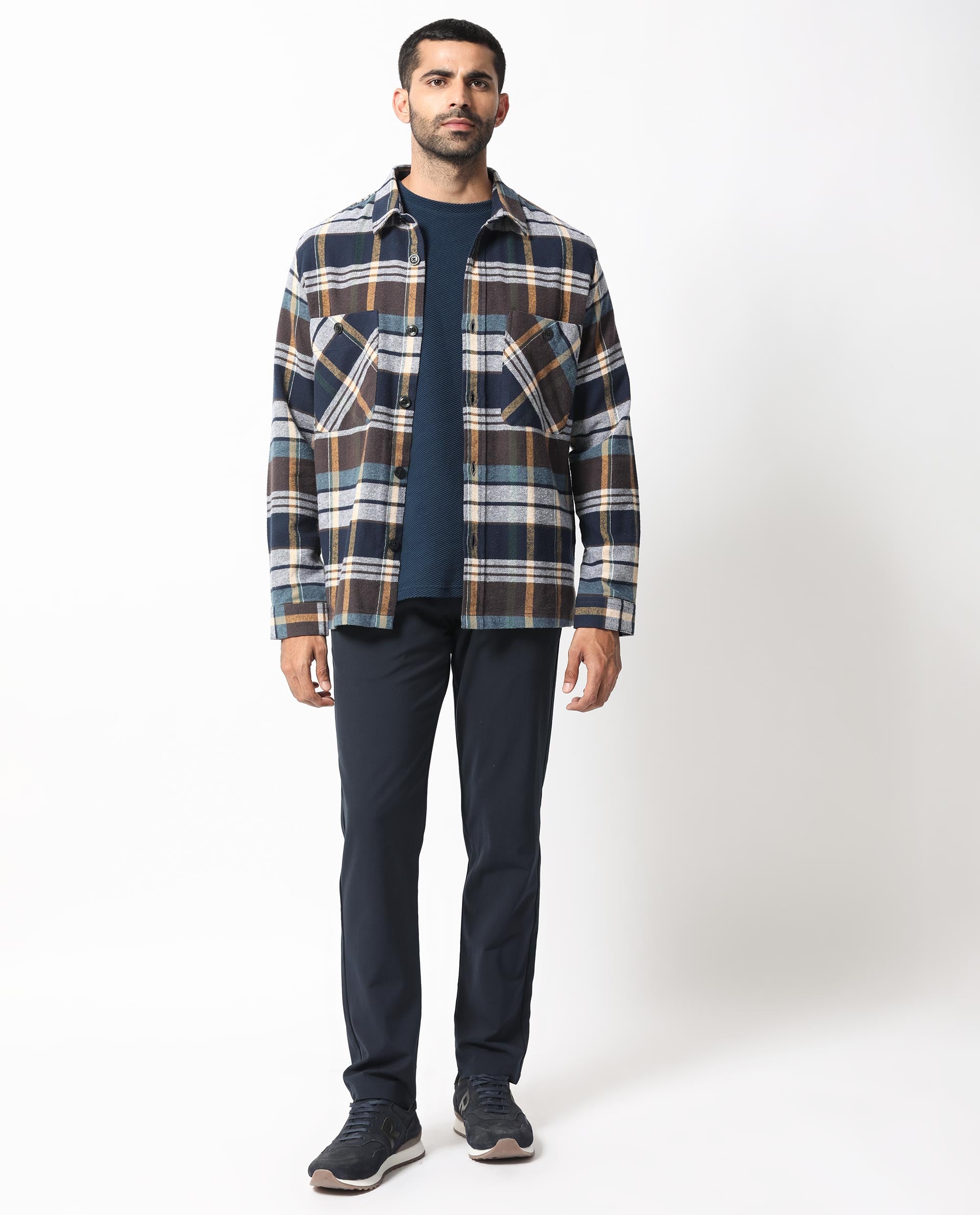 Rare Rabbit Men's Gustro Brown Cotton Fabric Full Sleeves Button Closure Checks Shacket