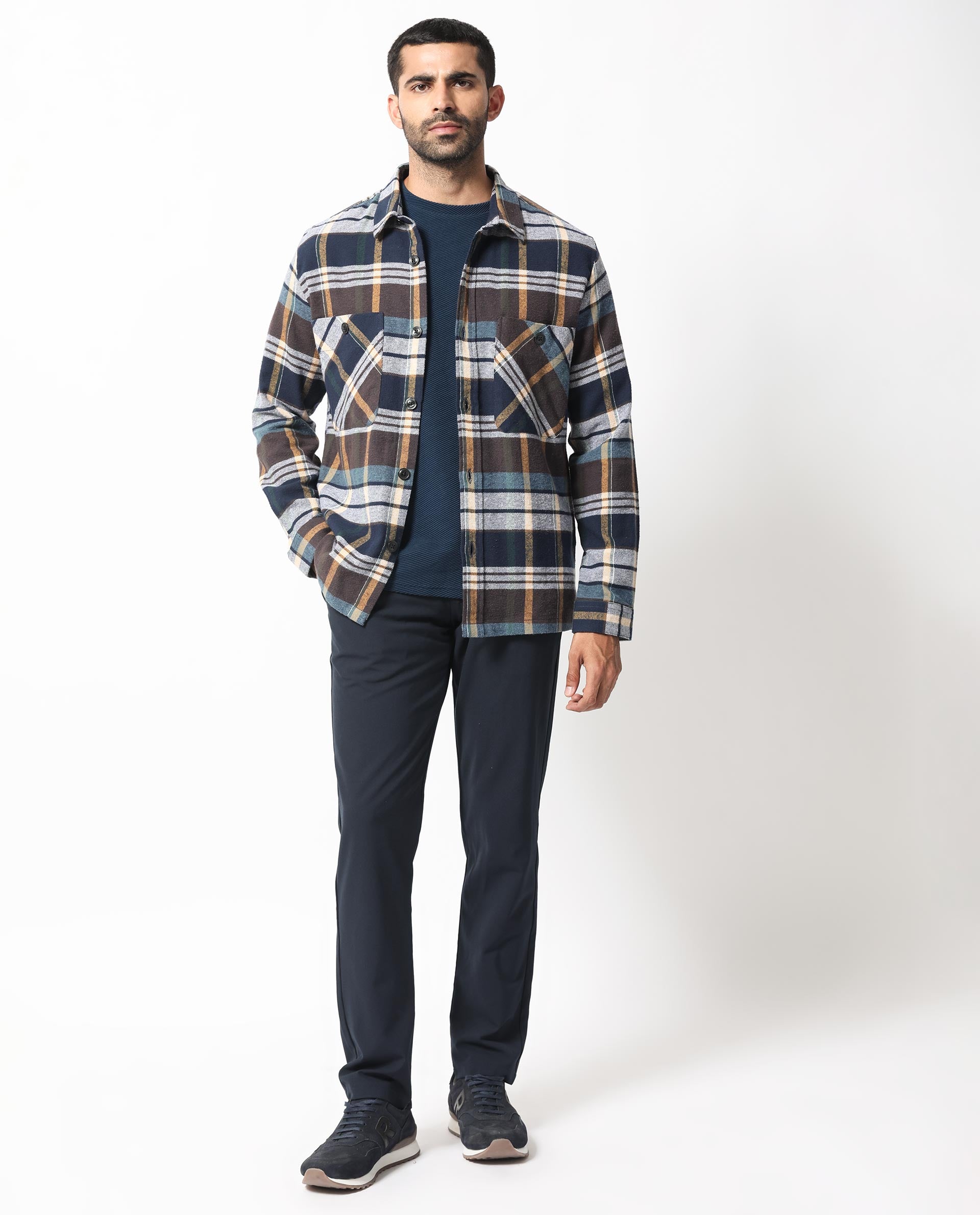 Rare Rabbit Men's Gustro Brown Cotton Fabric Full Sleeves Button Closure Checks Shacket