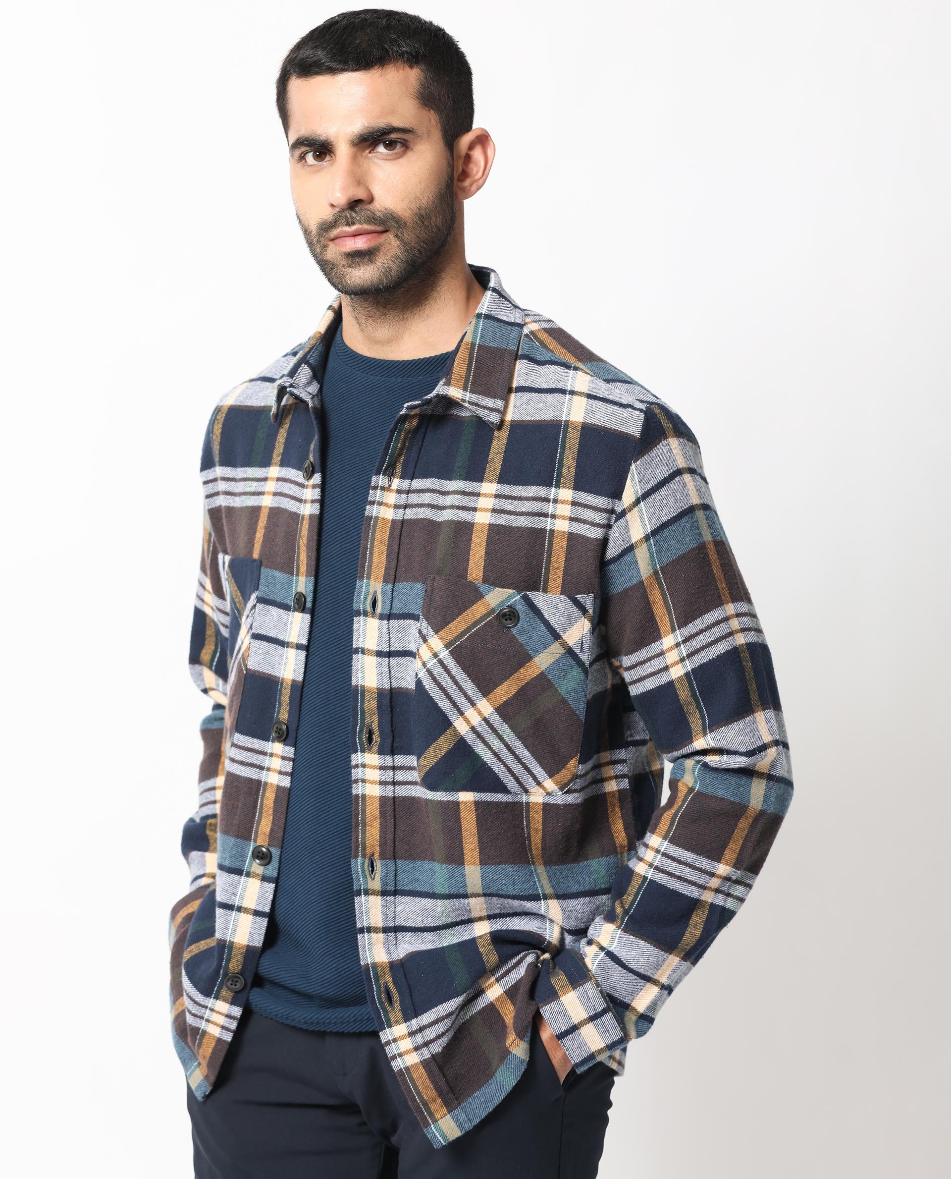 Rare Rabbit Men's Gustro Brown Cotton Fabric Full Sleeves Button Closure Checks Shacket