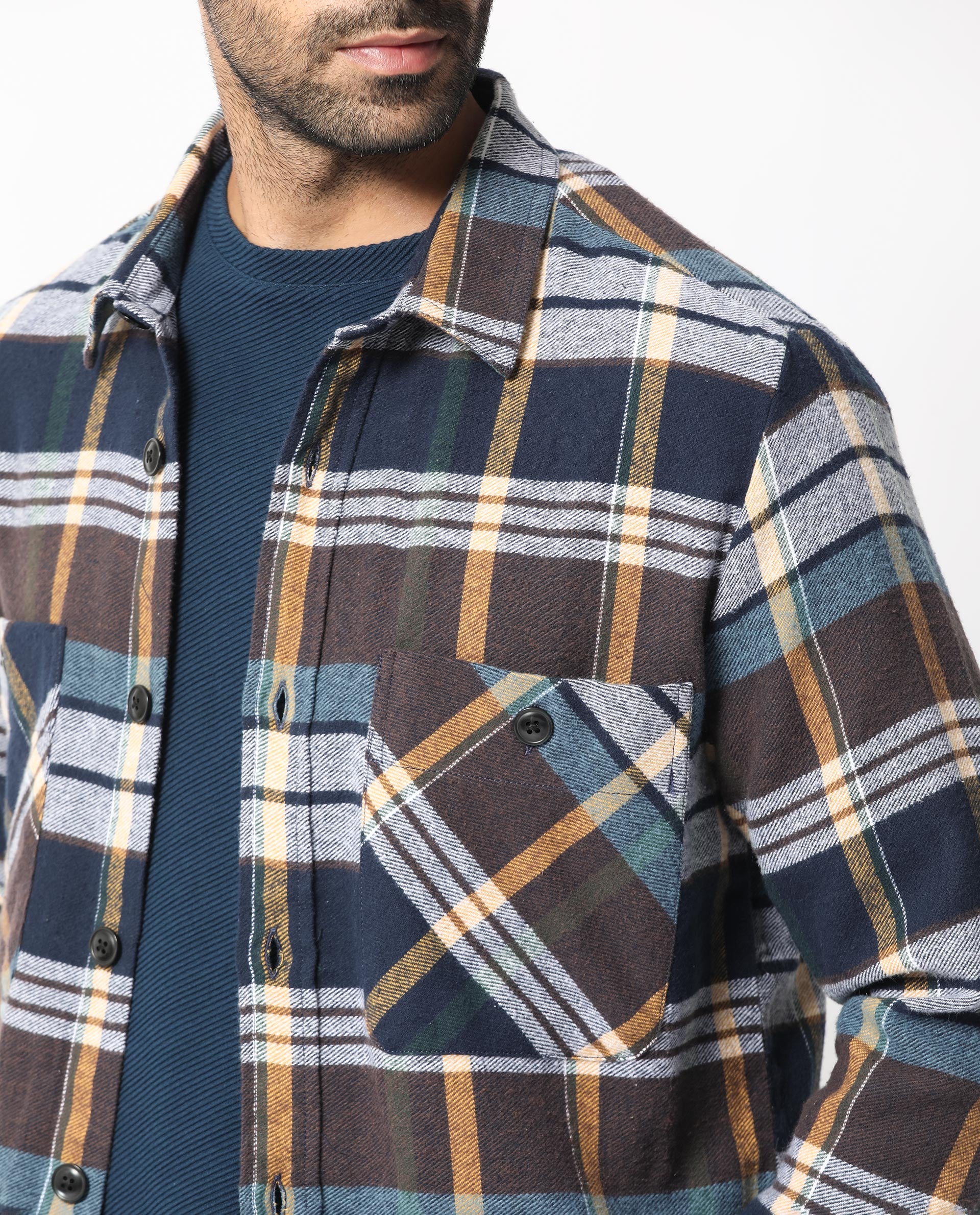 Rare Rabbit Men's Gustro Brown Cotton Fabric Full Sleeves Button Closure Checks Shacket