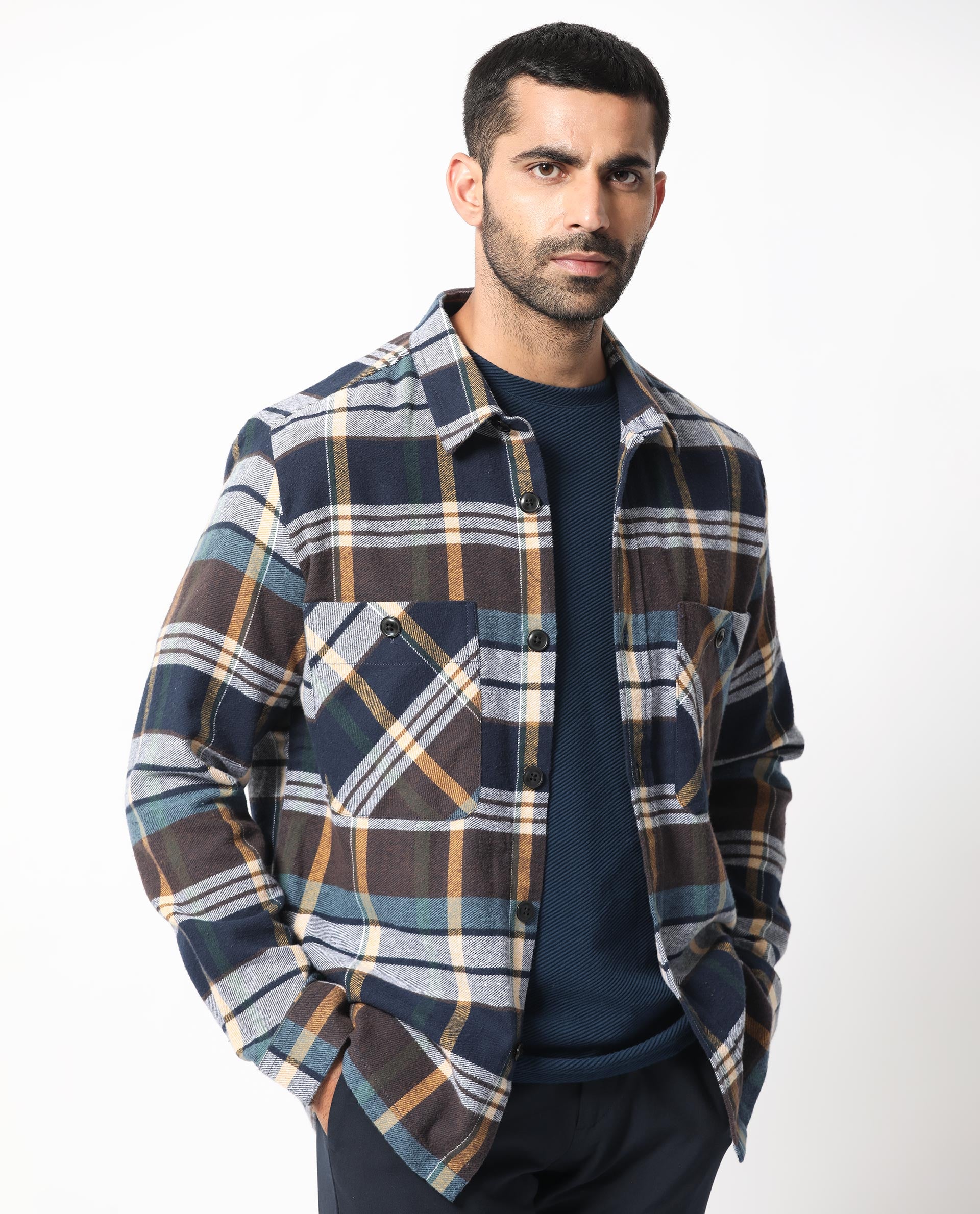 Rare Rabbit Men's Gustro Brown Cotton Fabric Full Sleeves Button Closure Checks Shacket