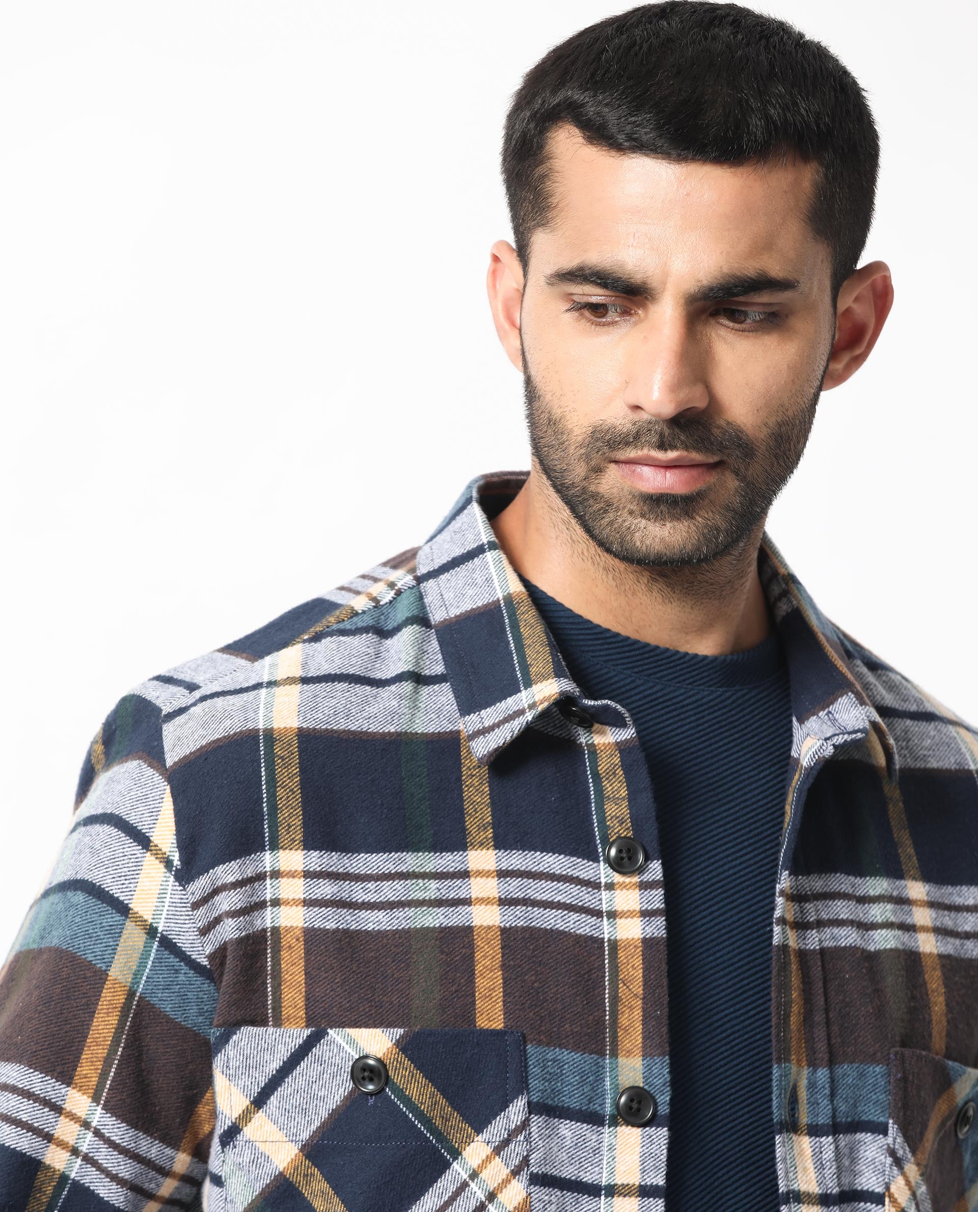 Rare Rabbit Men's Gustro Brown Cotton Fabric Full Sleeves Button Closure Checks Shacket