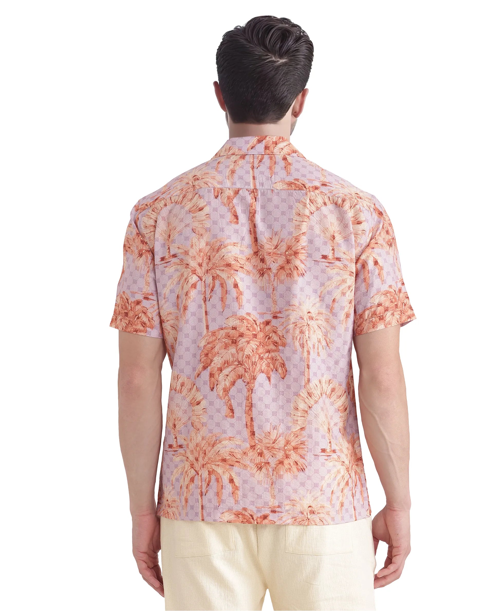 Rare Rabbit Men Gusy Pastel Purple Viscose Nylon Fabric Half Sleeve Cuban Collar Button Closure Relaxed Fit Monogra and Tropical Print Shirt