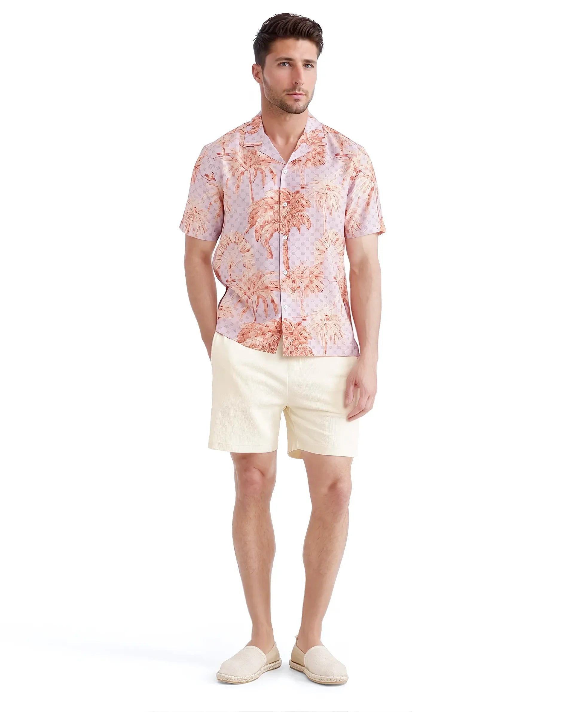 Rare Rabbit Men Gusy Pastel Purple Viscose Nylon Fabric Half Sleeve Cuban Collar Button Closure Relaxed Fit Monogra and Tropical Print Shirt