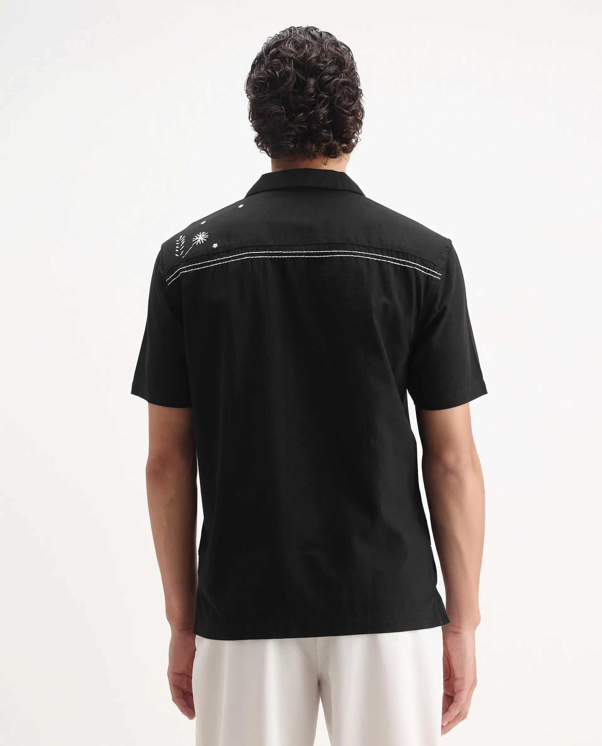 Rare Rabbit Men's Gwen Black Viscose Embroidered Boxy Fit Half Sleeve Cuban Collar Shirt