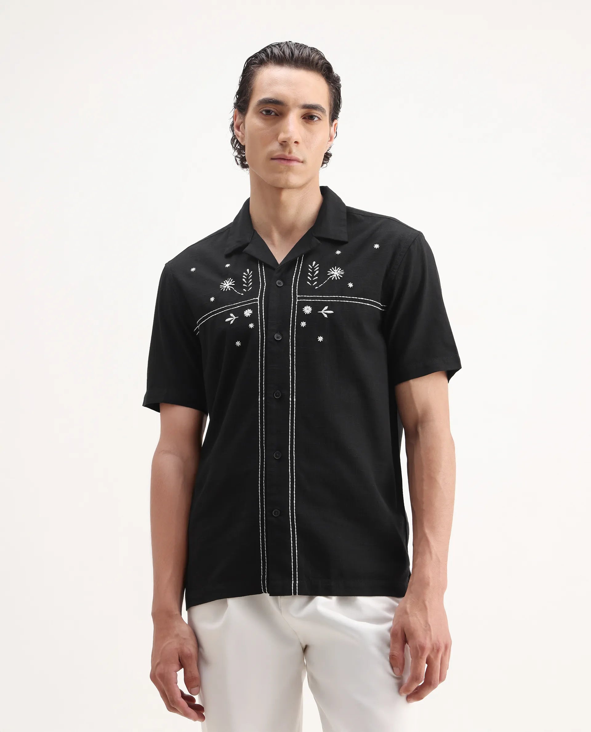 Rare Rabbit Men's Gwen Black Viscose Embroidered Boxy Fit Half Sleeve Cuban Collar Shirt