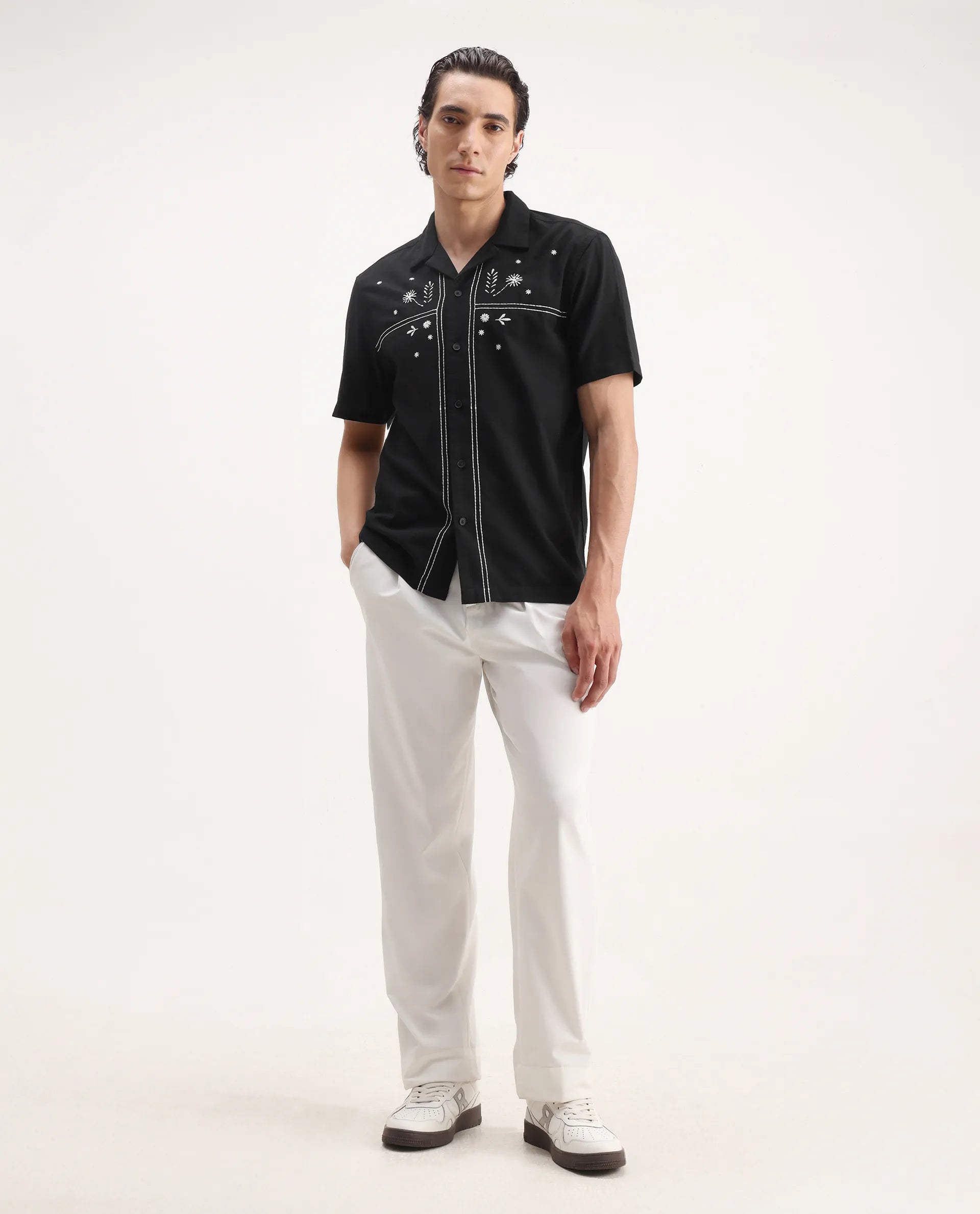 Rare Rabbit Men's Gwen Black Viscose Embroidered Boxy Fit Half Sleeve Cuban Collar Shirt