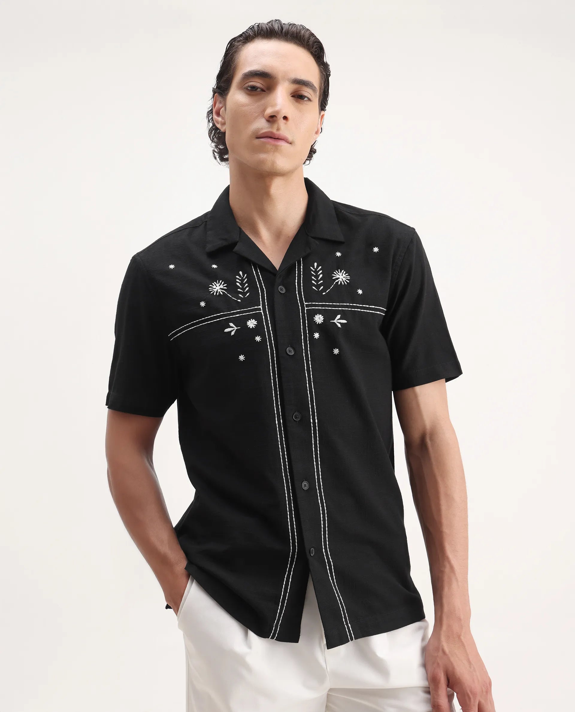 Rare Rabbit Men's Gwen Black Viscose Embroidered Boxy Fit Half Sleeve Cuban Collar Shirt