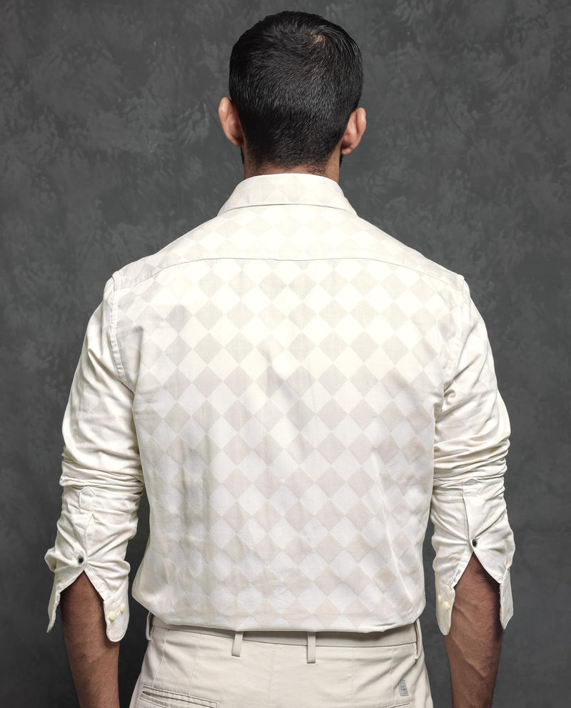 Rare Rabbit Men's Gridon Off White Cotton Fabric Jacquard Geometric Print Full Sleeves Shirt