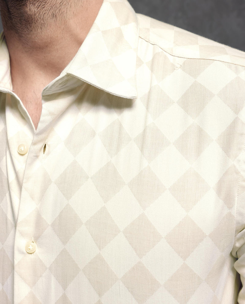 Rare Rabbit Men's Gridon Off White Cotton Fabric Jacquard Geometric Print Full Sleeves Shirt