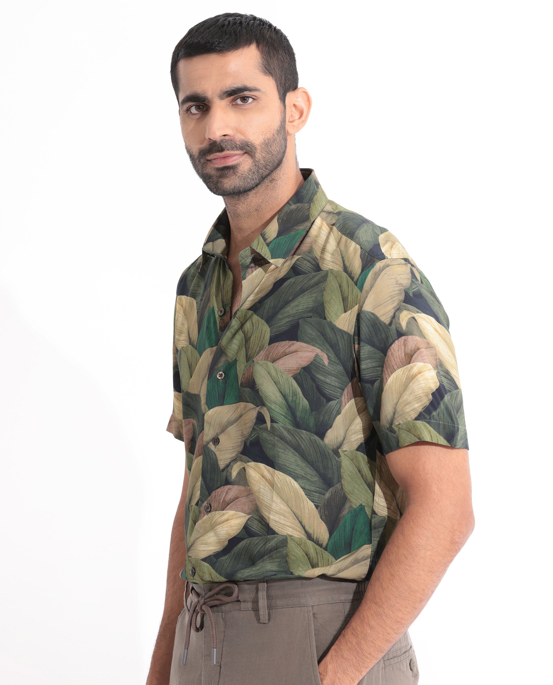 Rare Rabbit Men's Growr Green Viscose Fabric tropical Print Half Sleeves Shirt