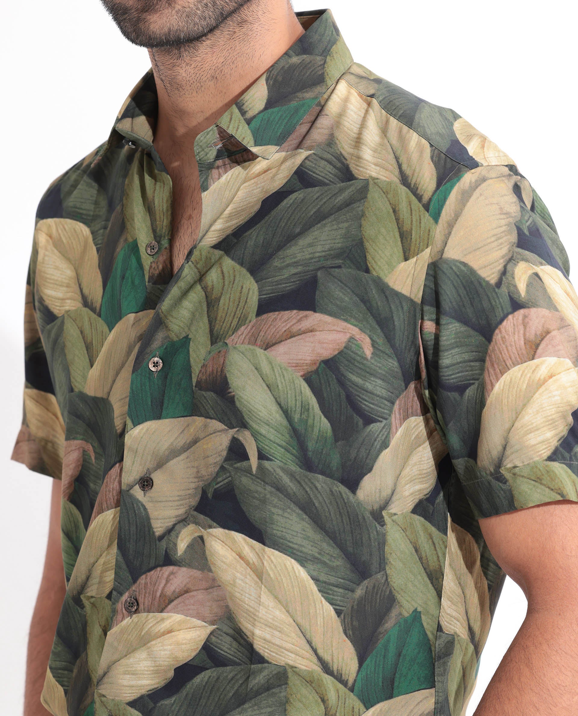 Rare Rabbit Men's Growr Green Viscose Fabric tropical Print Half Sleeves Shirt