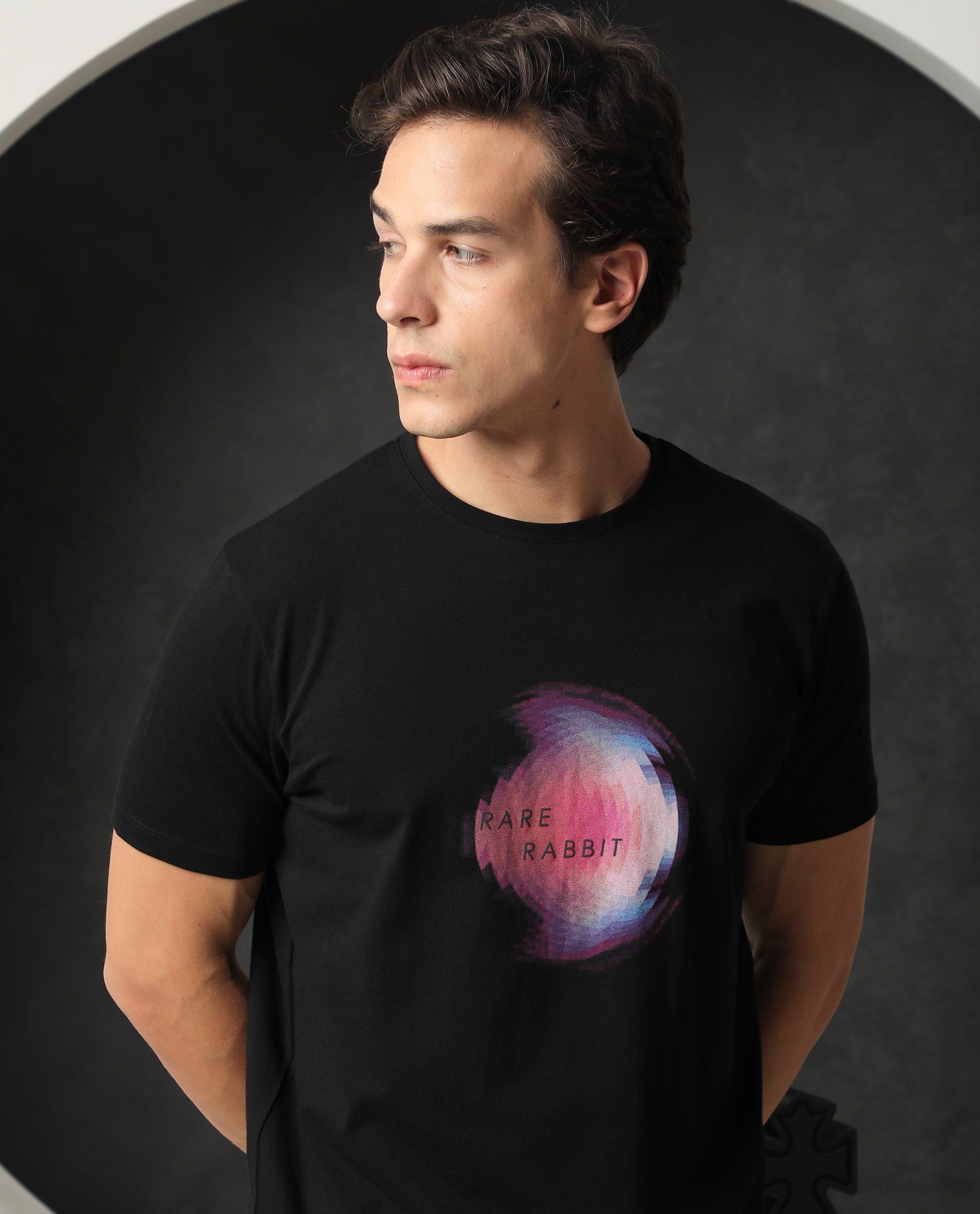 Rare Rabbit Men's Knobel Black Crew Neck Graphic Printed Half Sleeves Slim Fit T-Shirt