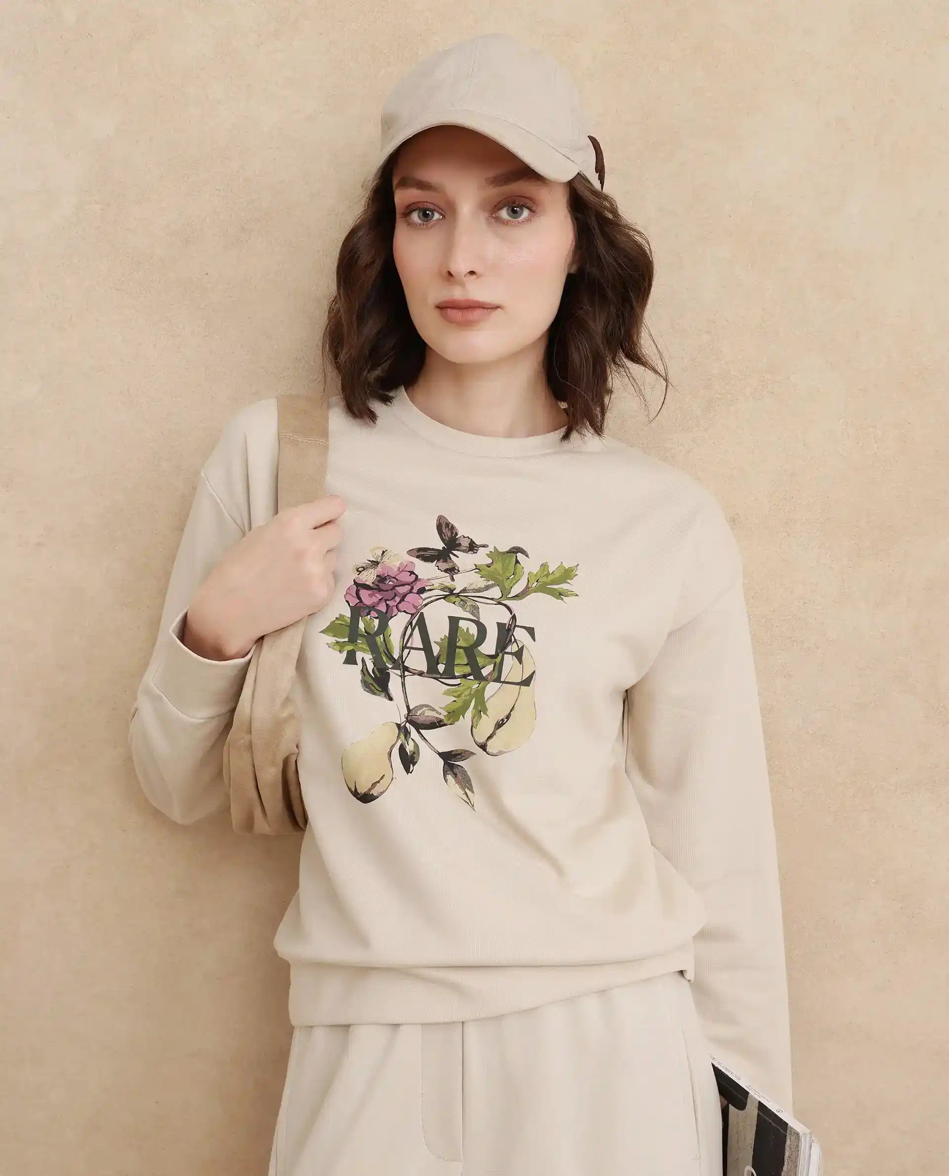 Rareism Women Avoca Beige Cotton Poly Fabric Full Sleeve Crew Neck Regular Fit Floral Print Sweatshirt