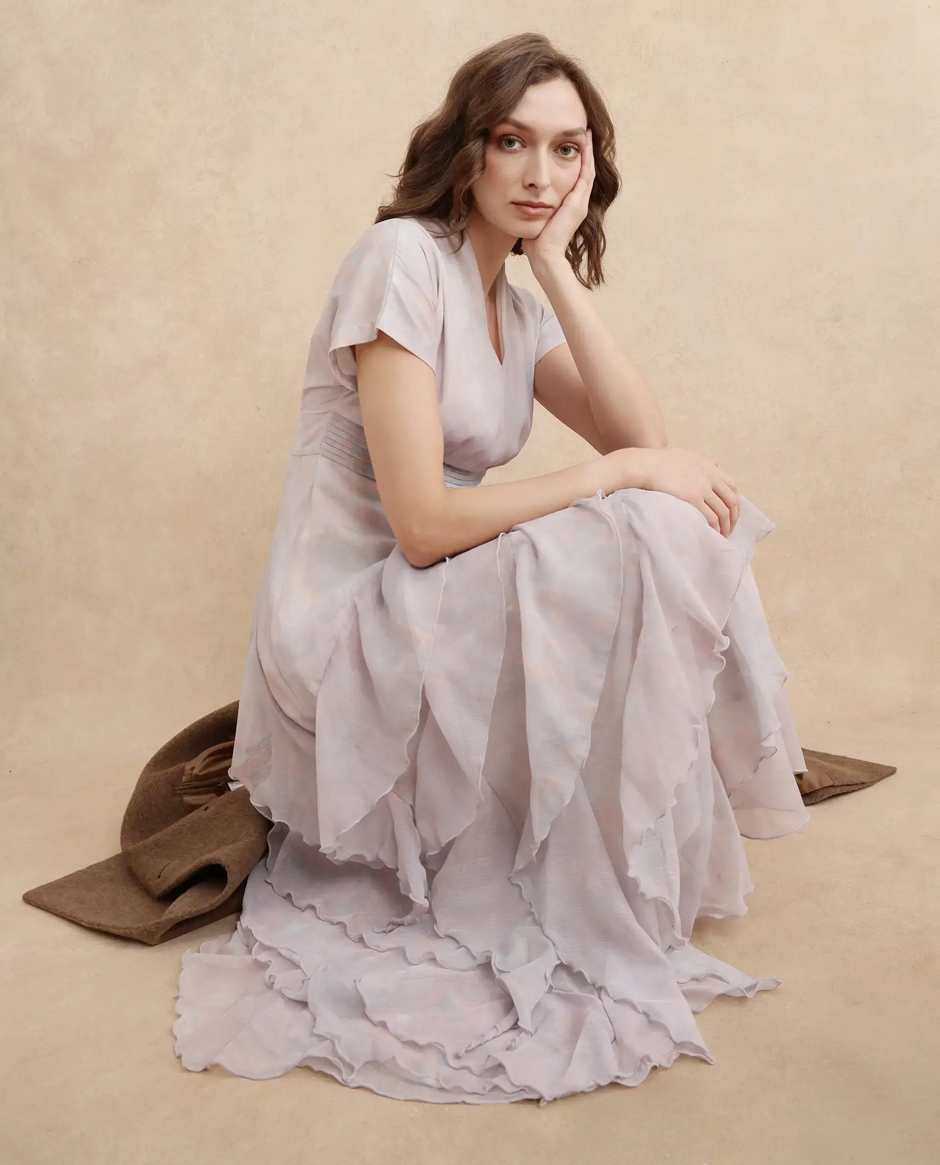 Rareism Women Bunf Beige Sleeveless Built Up Neck Flared Midi Abstract Print Dress