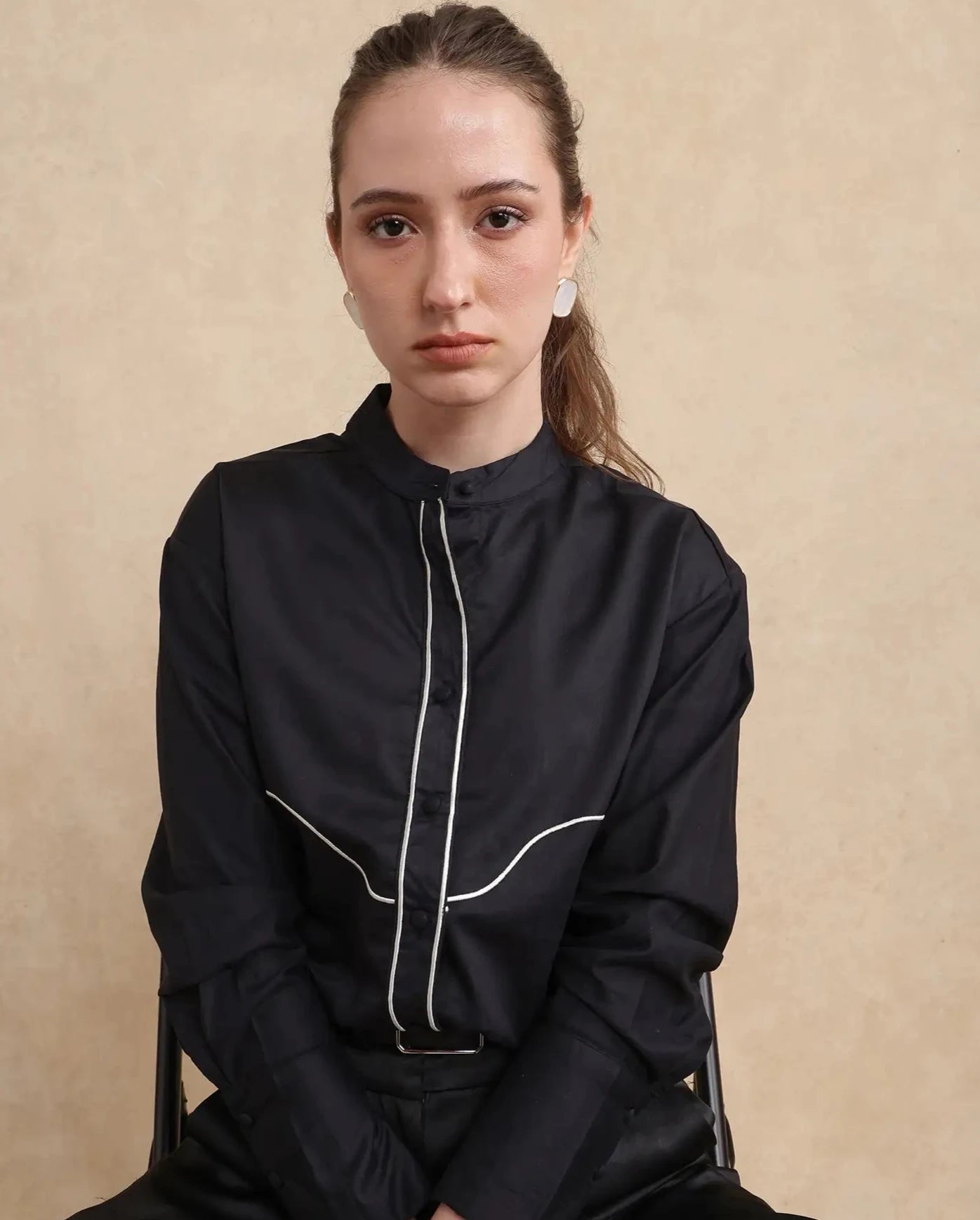 Rareism Women Jujo Dusky Black Cotton Satin Fabric Cuffed Sleeve Mandarin Collar Button Closure Plain Shirt