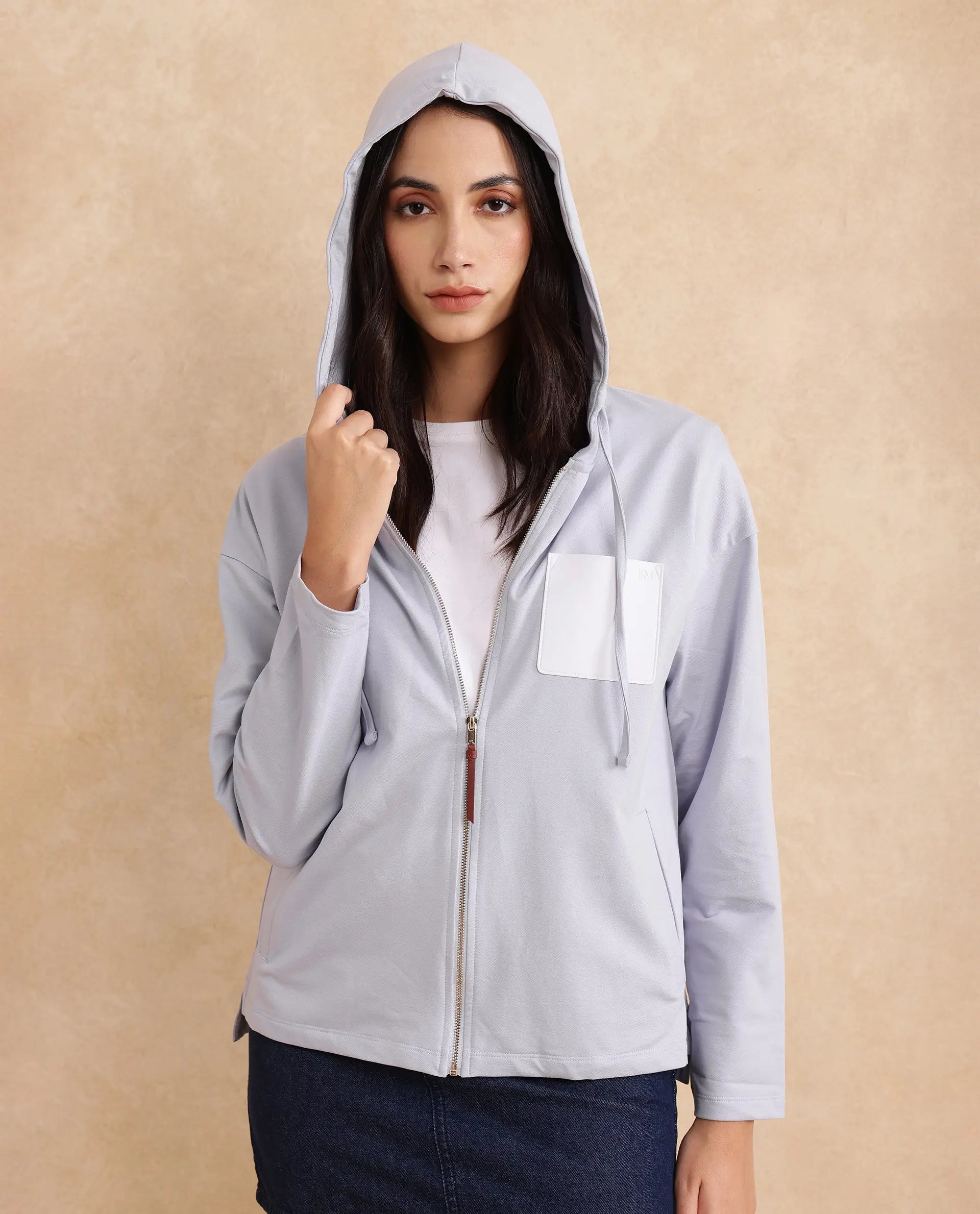 Rareism Women Leth Light Blue Cotton Blend Fabric Full Sleeve Hooded Zipper Closure Relaxed Fit Plain Sweatshirt
