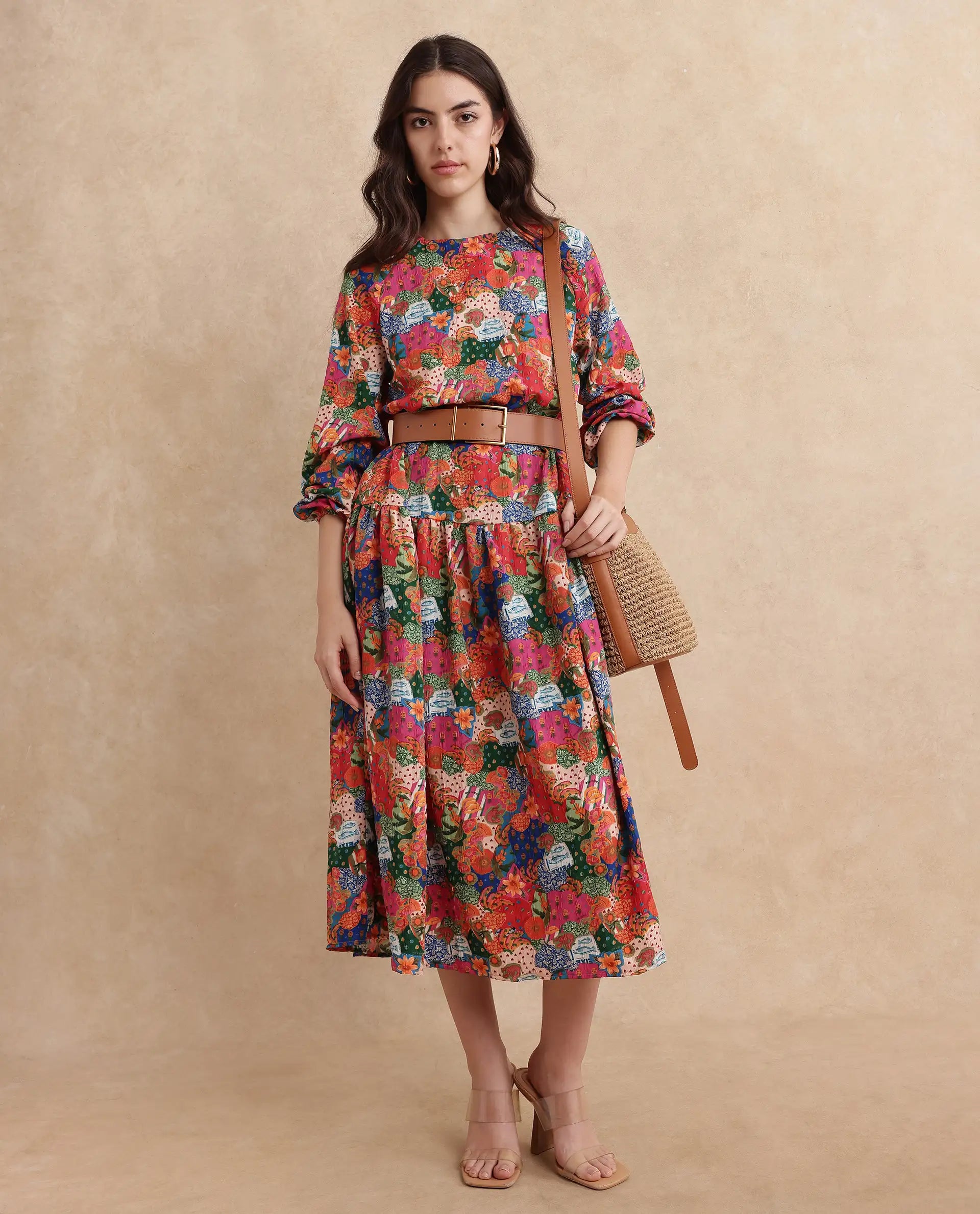 Rareism Women's Lokop Multi Polyester Blend Fabric Round Neck Zipper Closure Raglan Sleeve Abstract Fit And Flare Midi Dress