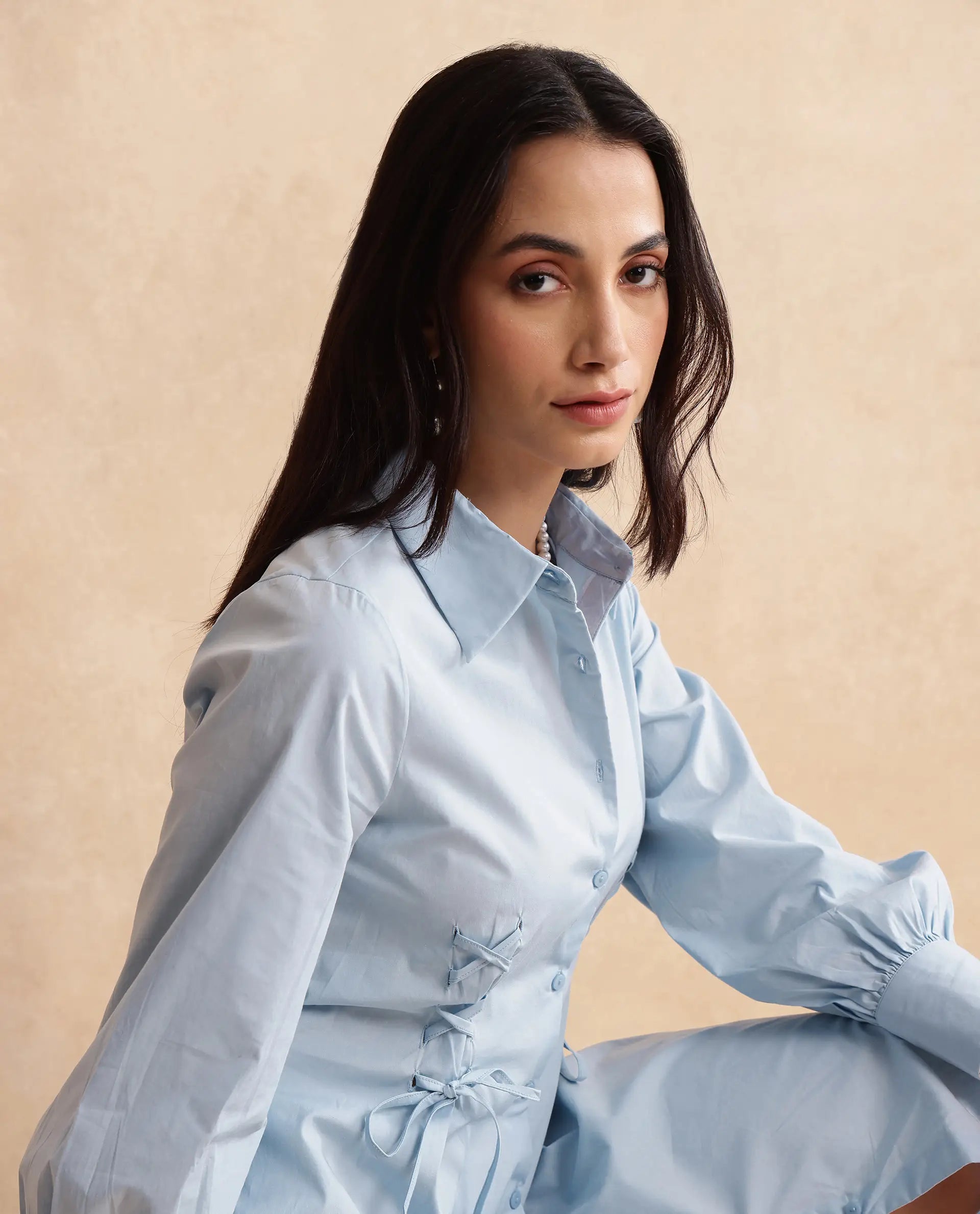 Rareism Women Nysom Light Blue Cotton Blend Fabric Bishop Sleeve Collared Neck Button Closure Fit And Flare Midi Plain Dress