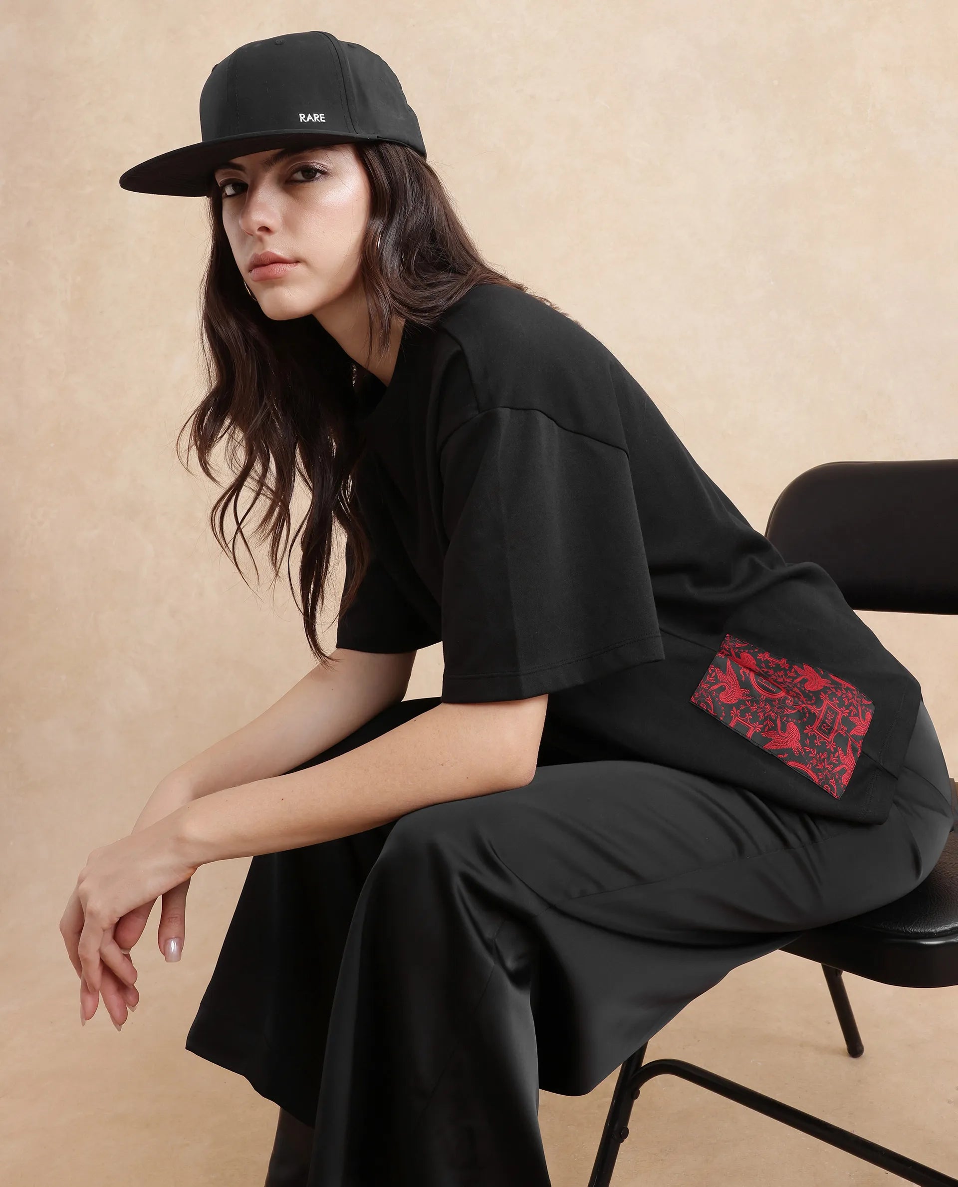 Rareism Women Pach Black Polyester Fabric Short Sleeve Relaxed Fit Plain T-Shirt