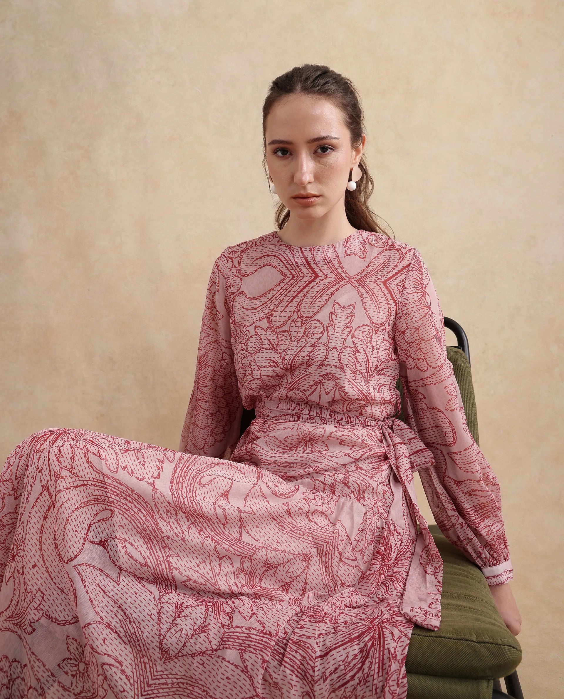 Rareism Women's Polima Multi Cotton Fabric Round Neck Tie-Up Closure Bishop Sleeve Abstract Flared Midi Dress