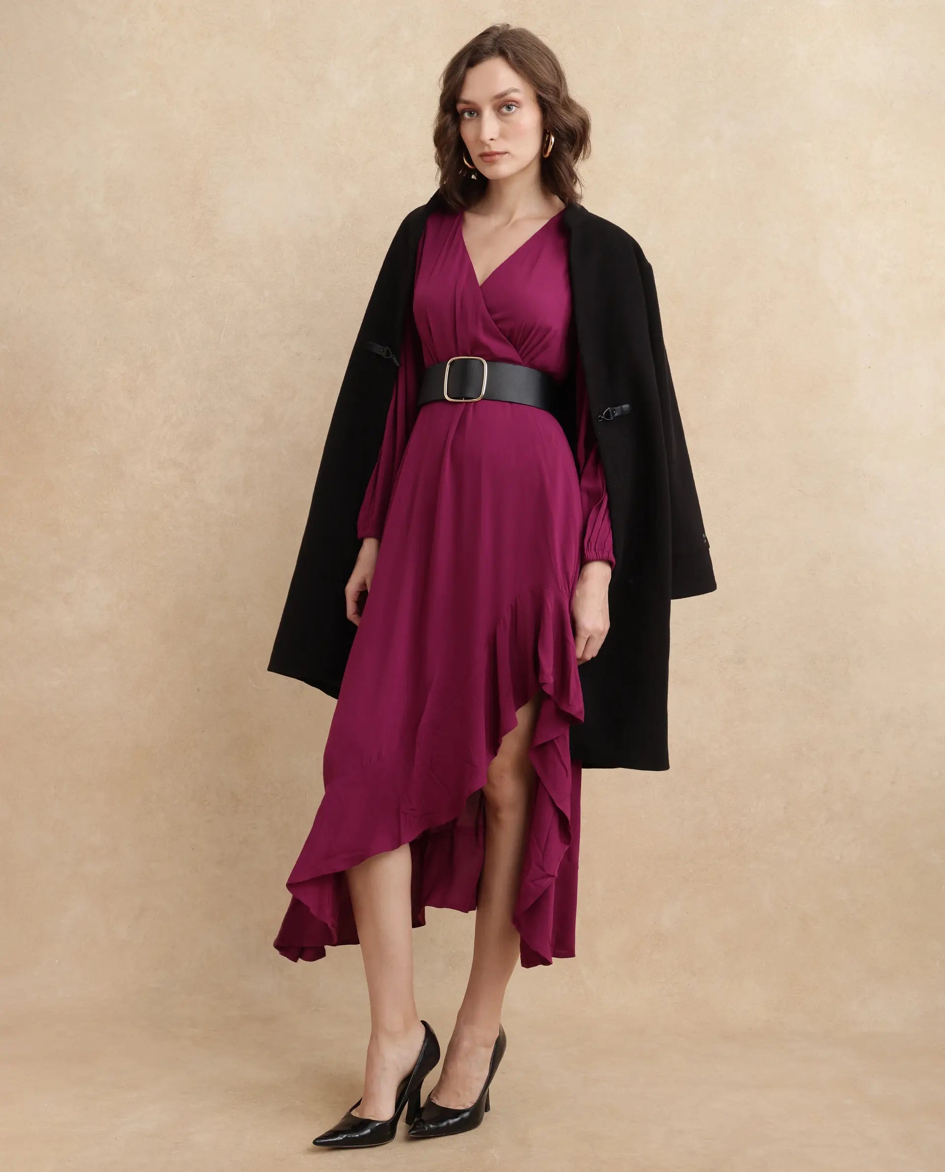 Rareism Women's Rens Dark Maroon  Overlap Neck Slip-On Closure Puff Sleeve Plain Fit And Flare Maxi Dress