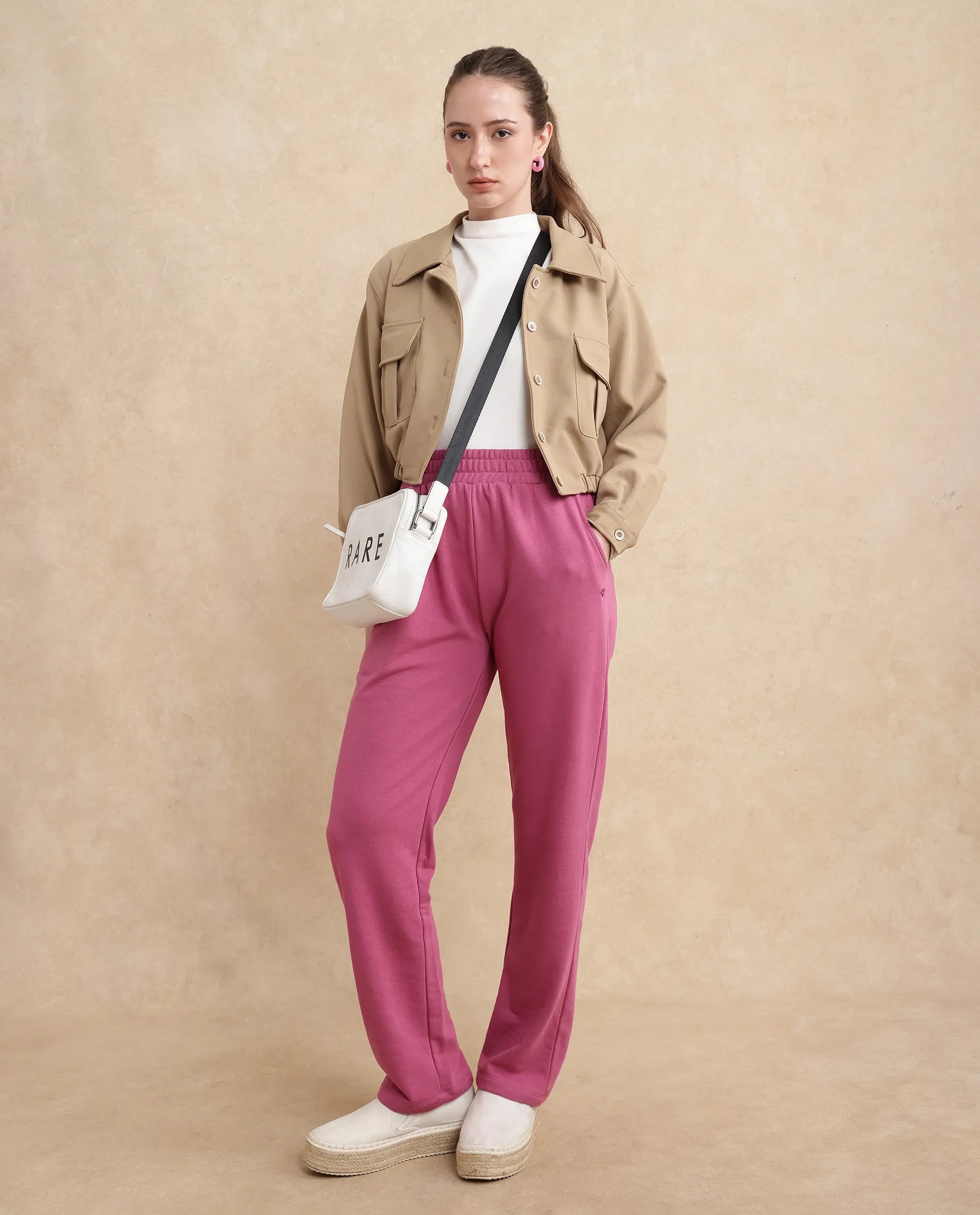 Rareism Women Trunky Dark Pink Cotton Blend Fabric Straight Fit Ankle Length Plain Track Pant