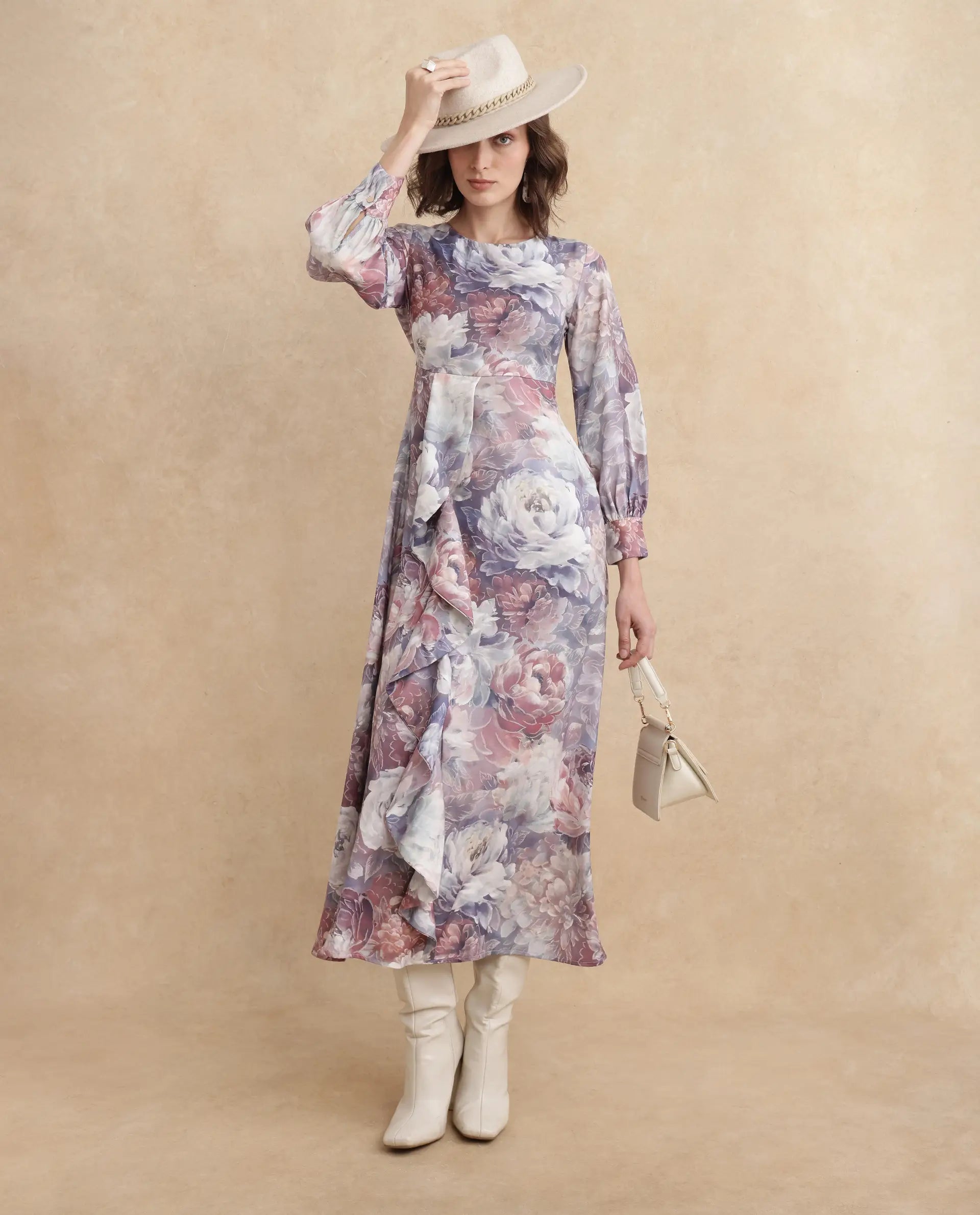 Rareism Women's Vienne Light Multi Satin Fabric Round Neck Slip-On Closure Puff Sleeve Floral Print Flared Maxi Dress