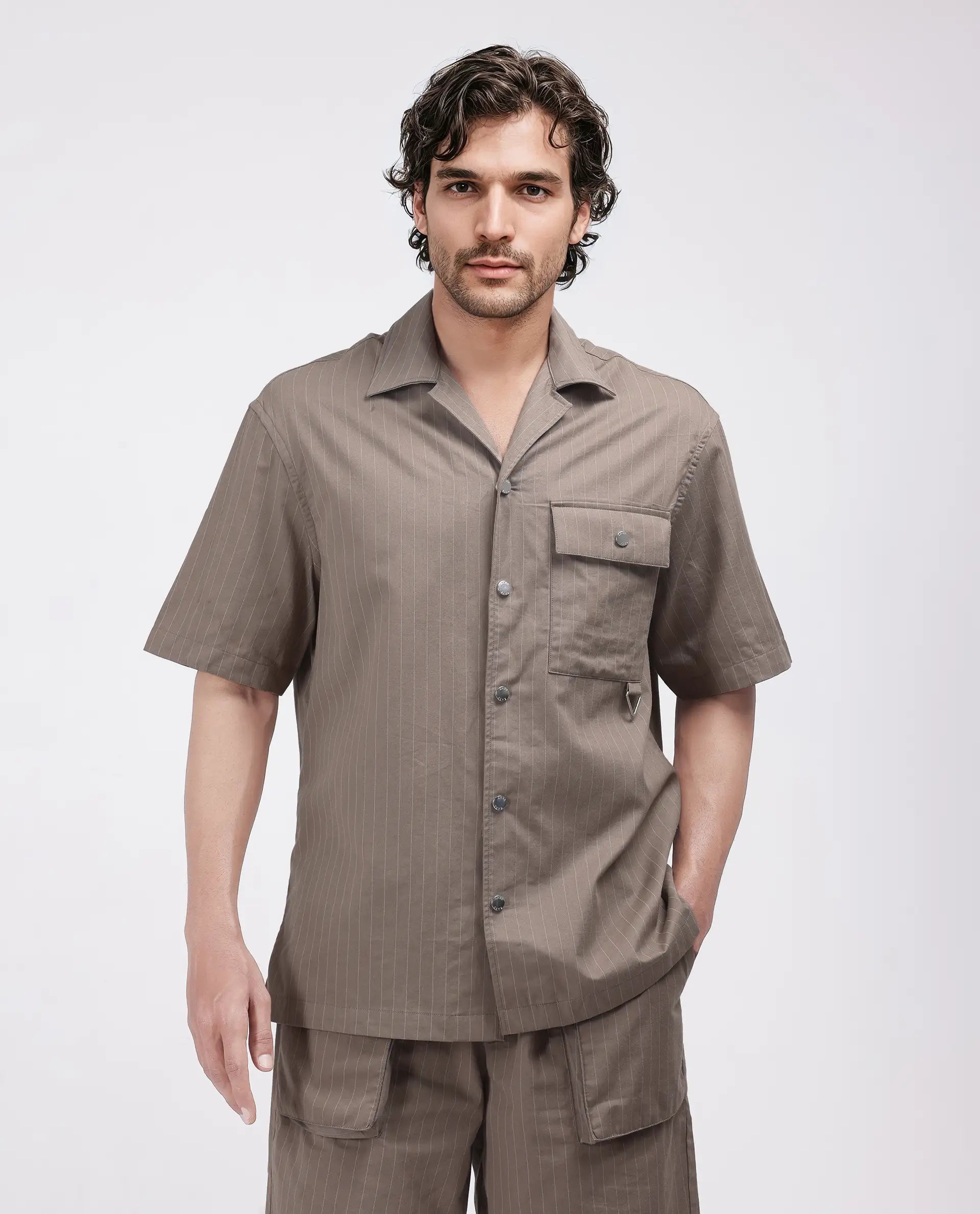 Rare Rabbit Men Haba Dusky Beige Cotton Poly Fabric Short Sleeve Cuban Collar Snap Button Closure Boxy Fit Stripe Shirt