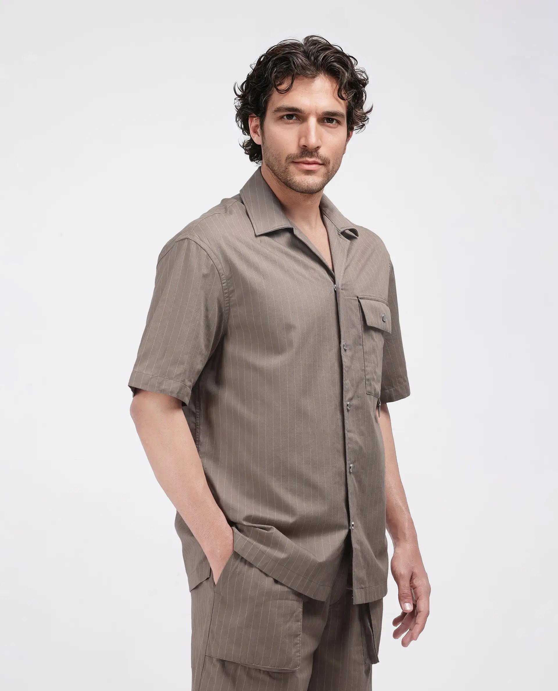 Rare Rabbit Men Haba Dusky Beige Cotton Poly Fabric Short Sleeve Cuban Collar Snap Button Closure Boxy Fit Stripe Shirt