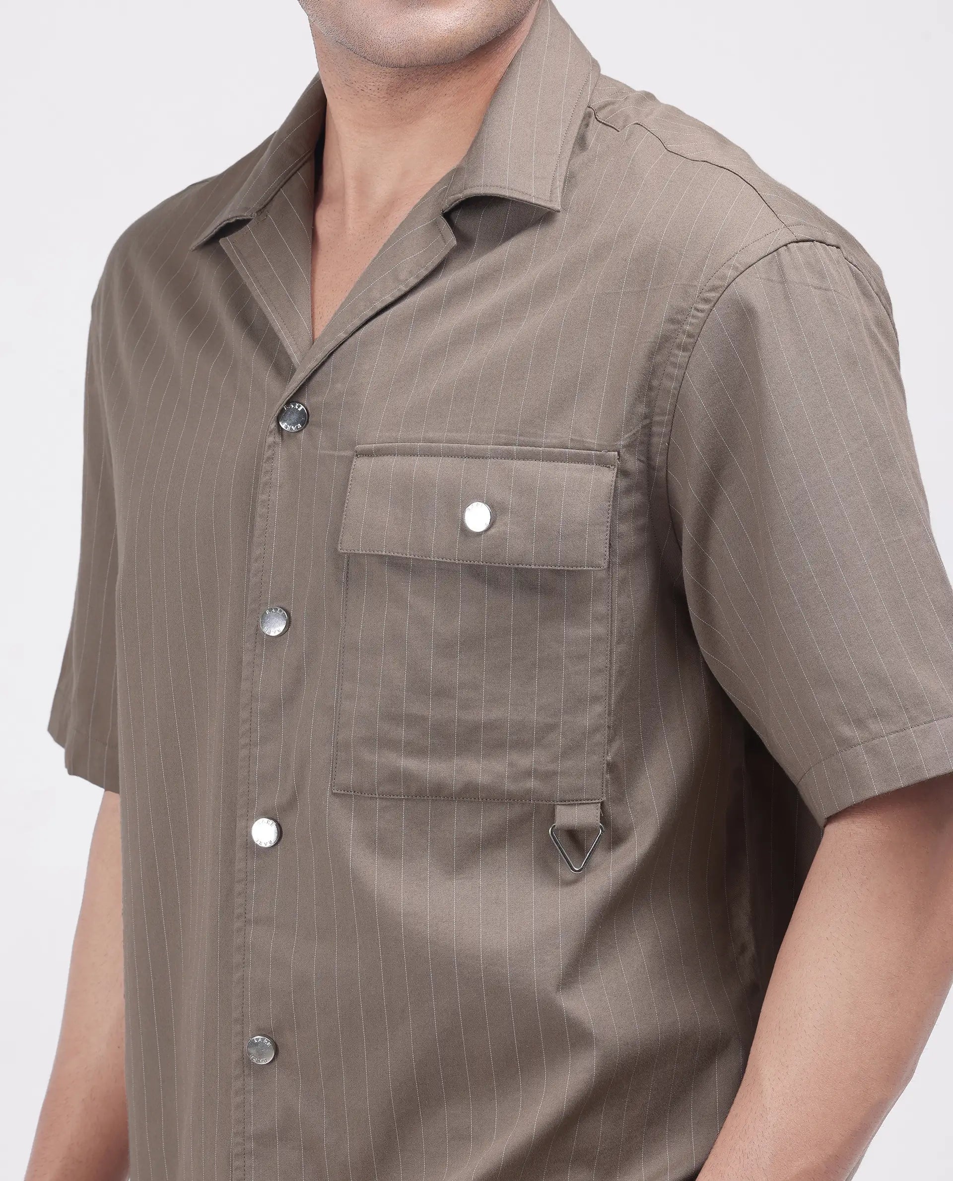 Rare Rabbit Men Haba Dusky Beige Cotton Poly Fabric Short Sleeve Cuban Collar Snap Button Closure Boxy Fit Stripe Shirt