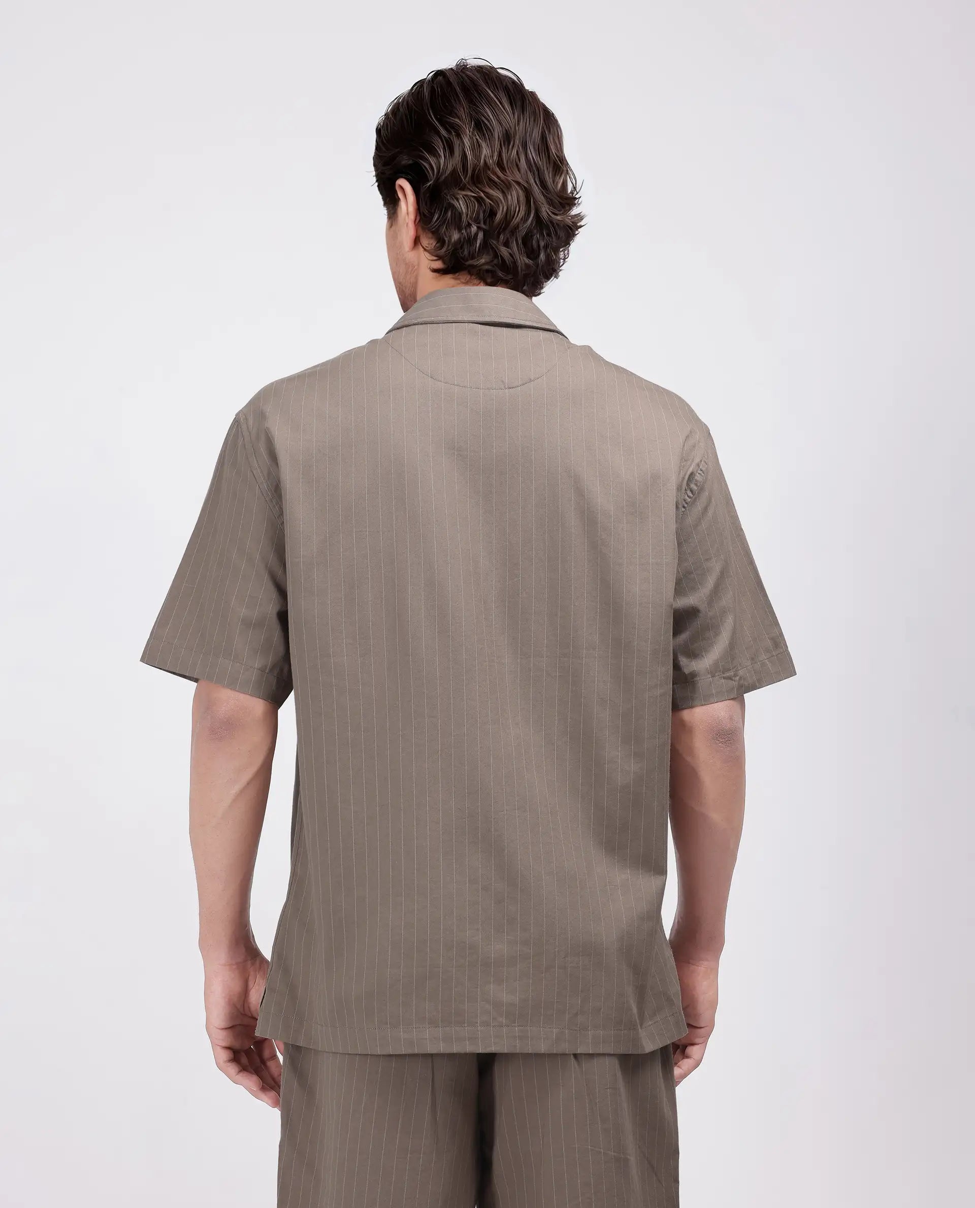 Rare Rabbit Men Haba Dusky Beige Cotton Poly Fabric Short Sleeve Cuban Collar Snap Button Closure Boxy Fit Stripe Shirt