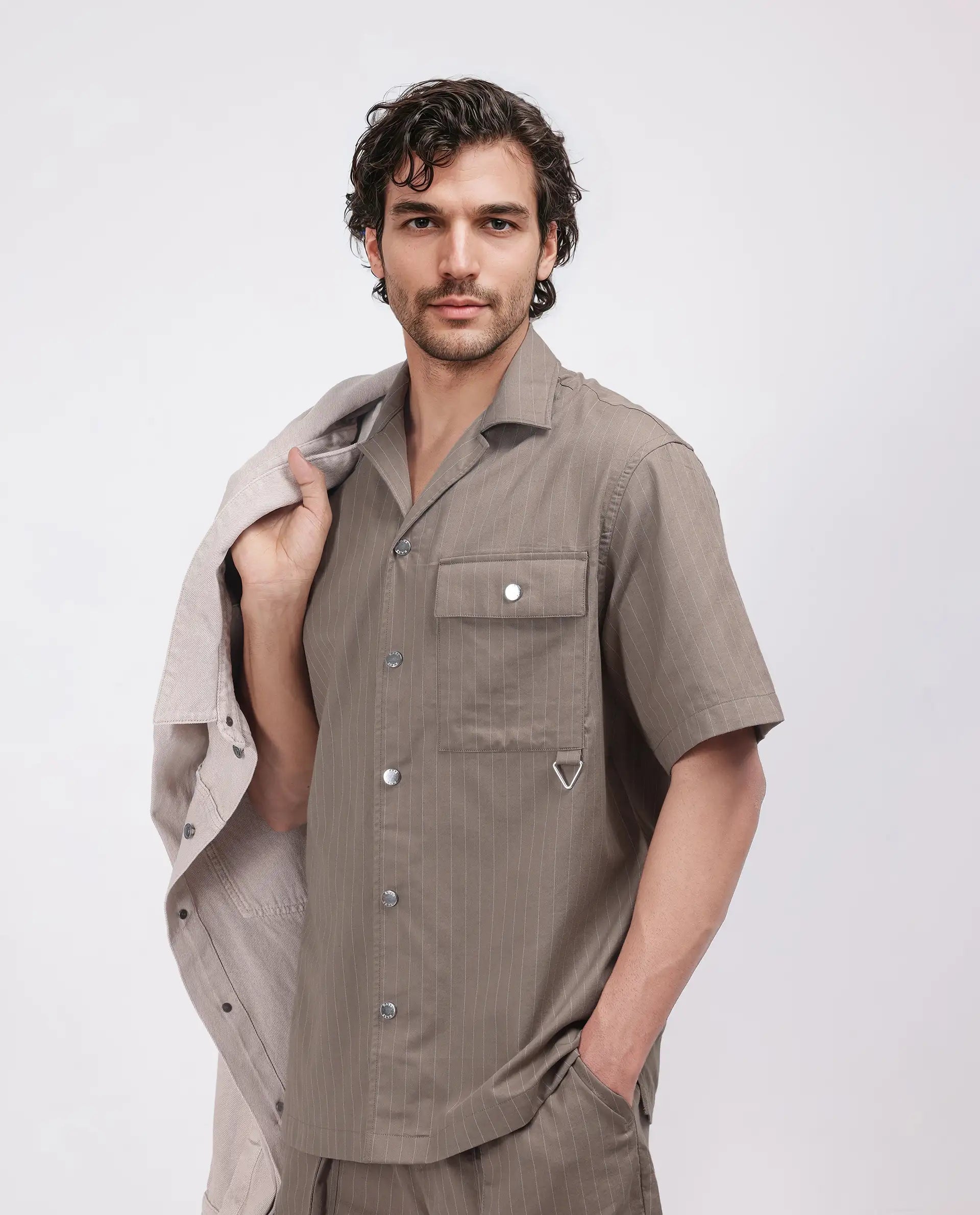 Rare Rabbit Men Haba Dusky Beige Cotton Poly Fabric Short Sleeve Cuban Collar Snap Button Closure Boxy Fit Stripe Shirt