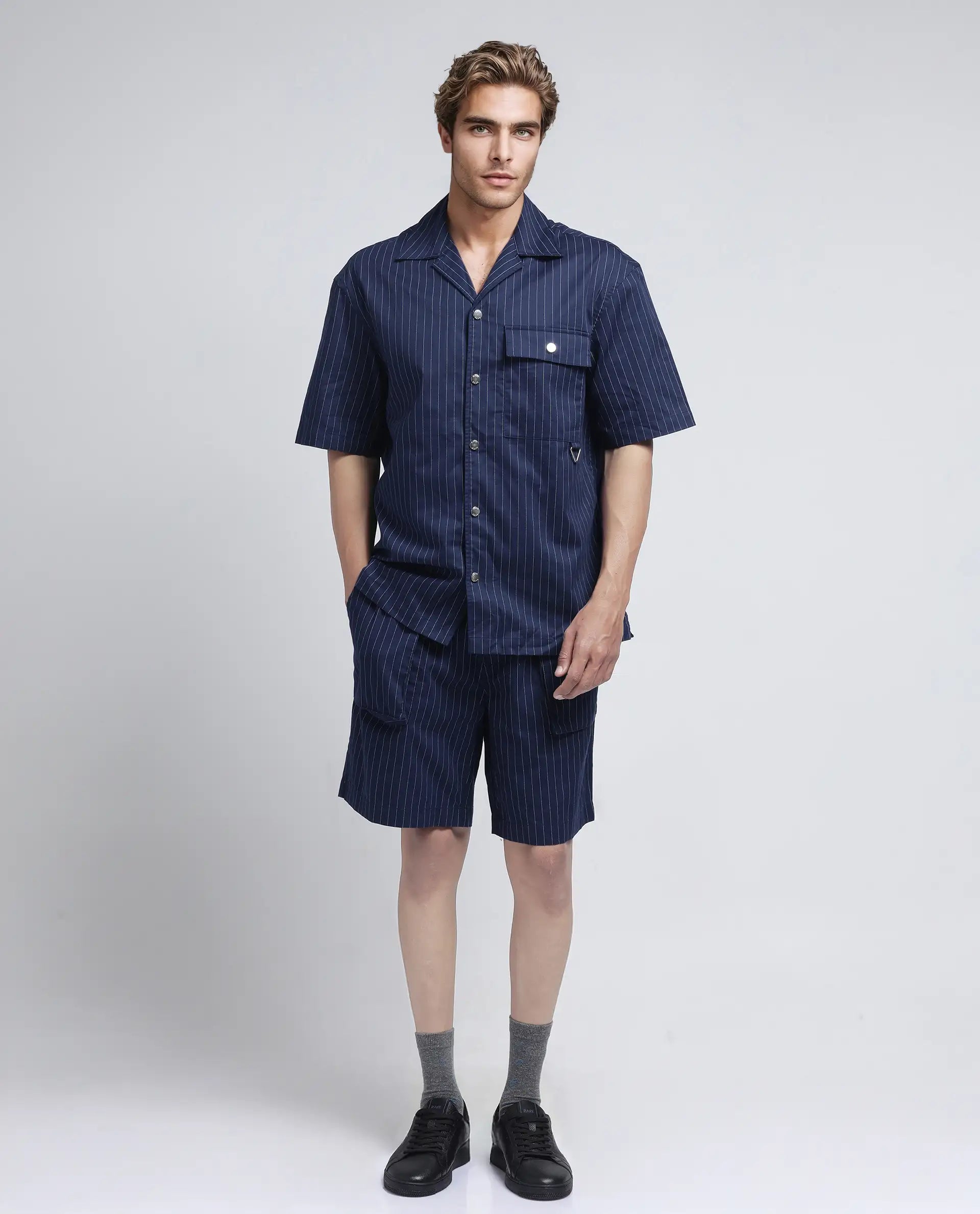 Rare Rabbit Men Haba Navy Cotton Poly Fabric Short Sleeve Cuban Collar Snap Button Closure Boxy Fit Stripe Shirt