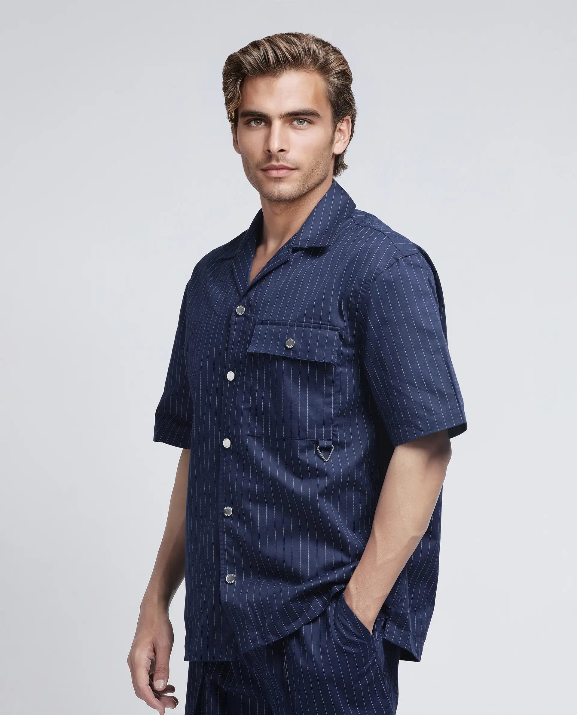 Rare Rabbit Men Haba Navy Cotton Poly Fabric Short Sleeve Cuban Collar Snap Button Closure Boxy Fit Stripe Shirt