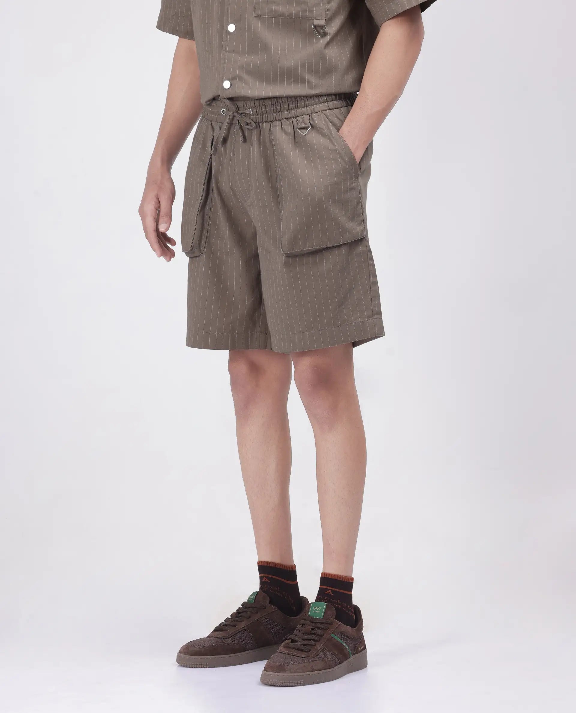 Rare Rabbit Men Habar Beige Cotton Elastane Fabric Oversized Striped Shorts