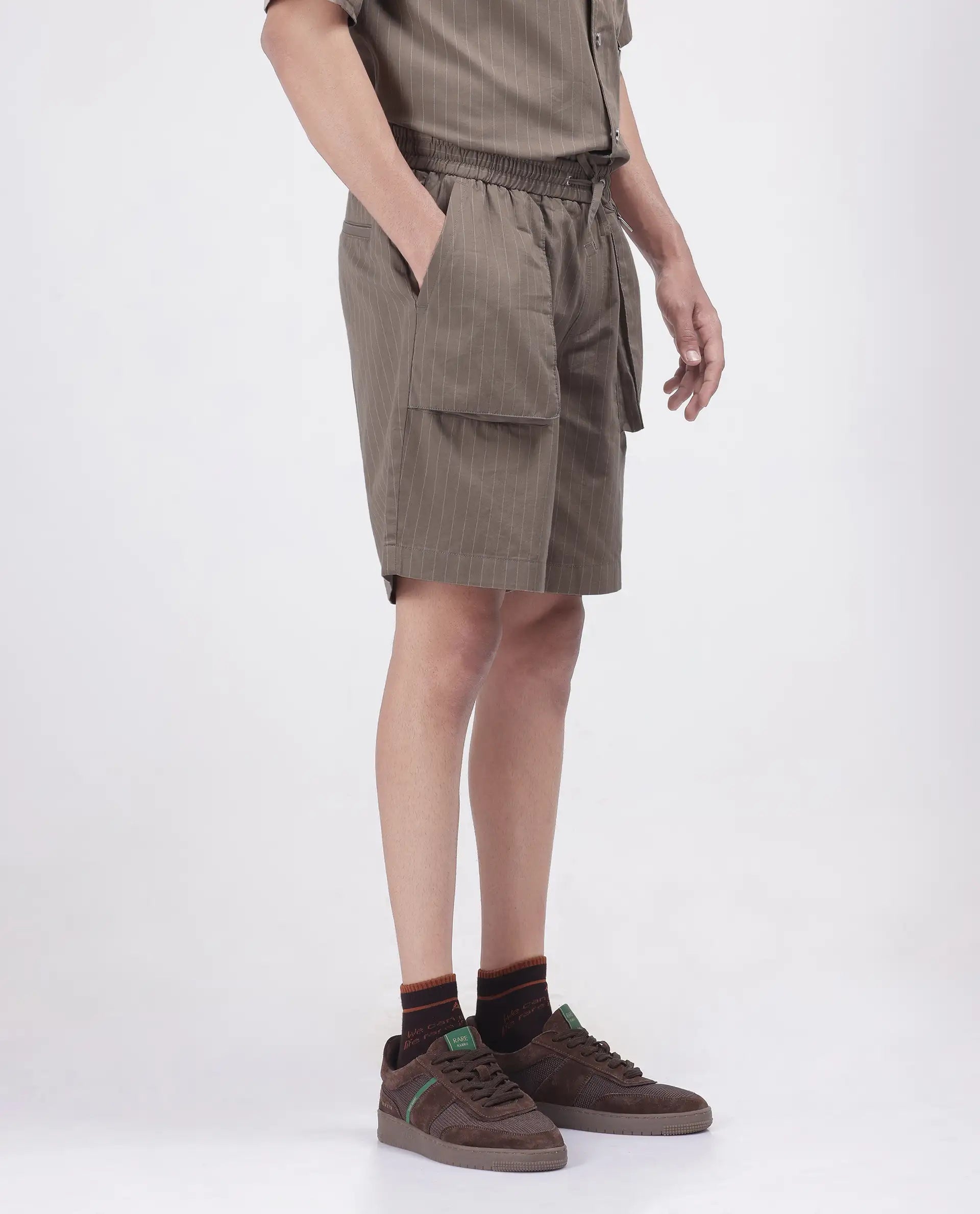 Rare Rabbit Men Habar Beige Cotton Elastane Fabric Oversized Striped Shorts