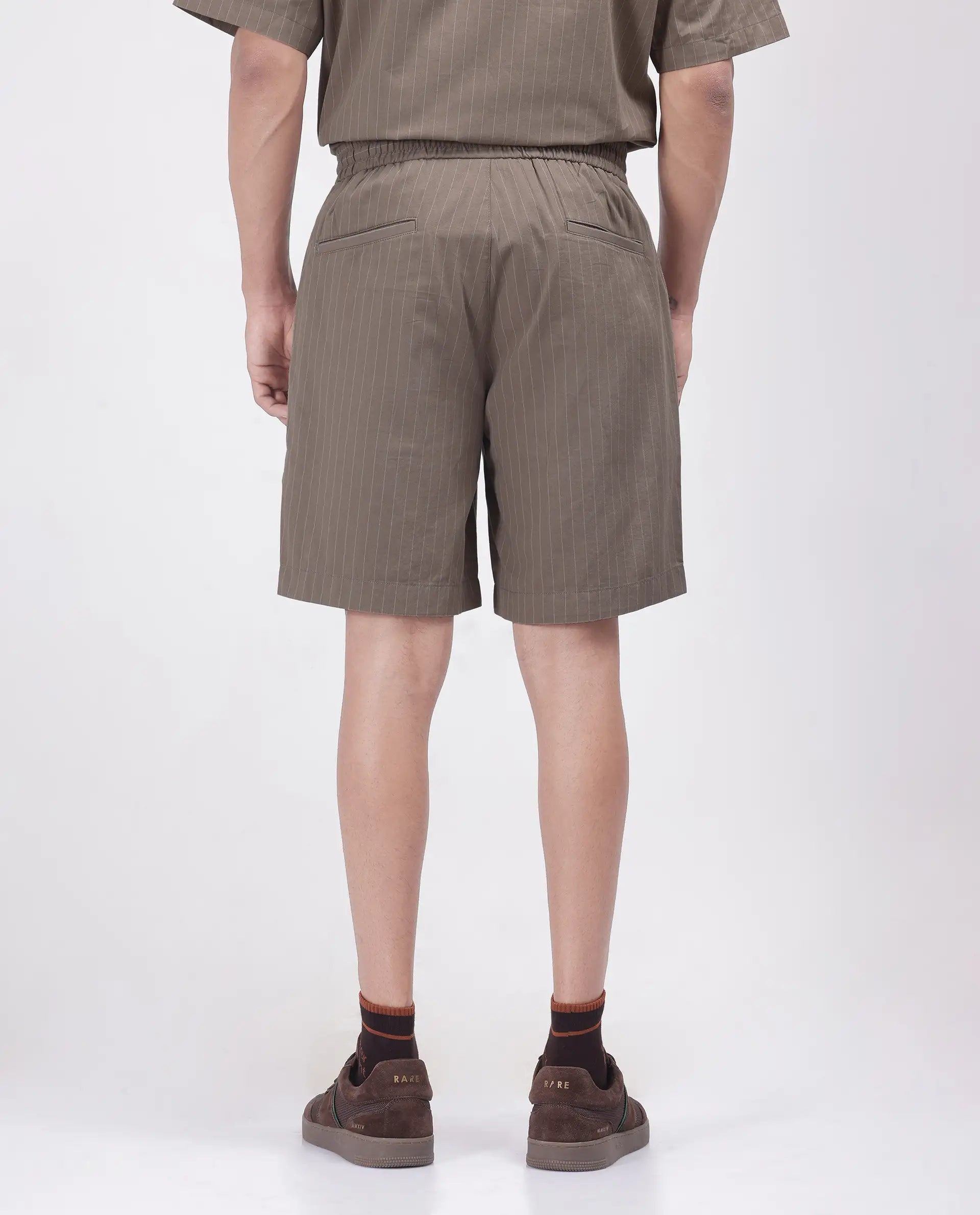 Rare Rabbit Men Habar Beige Cotton Elastane Fabric Oversized Striped Shorts