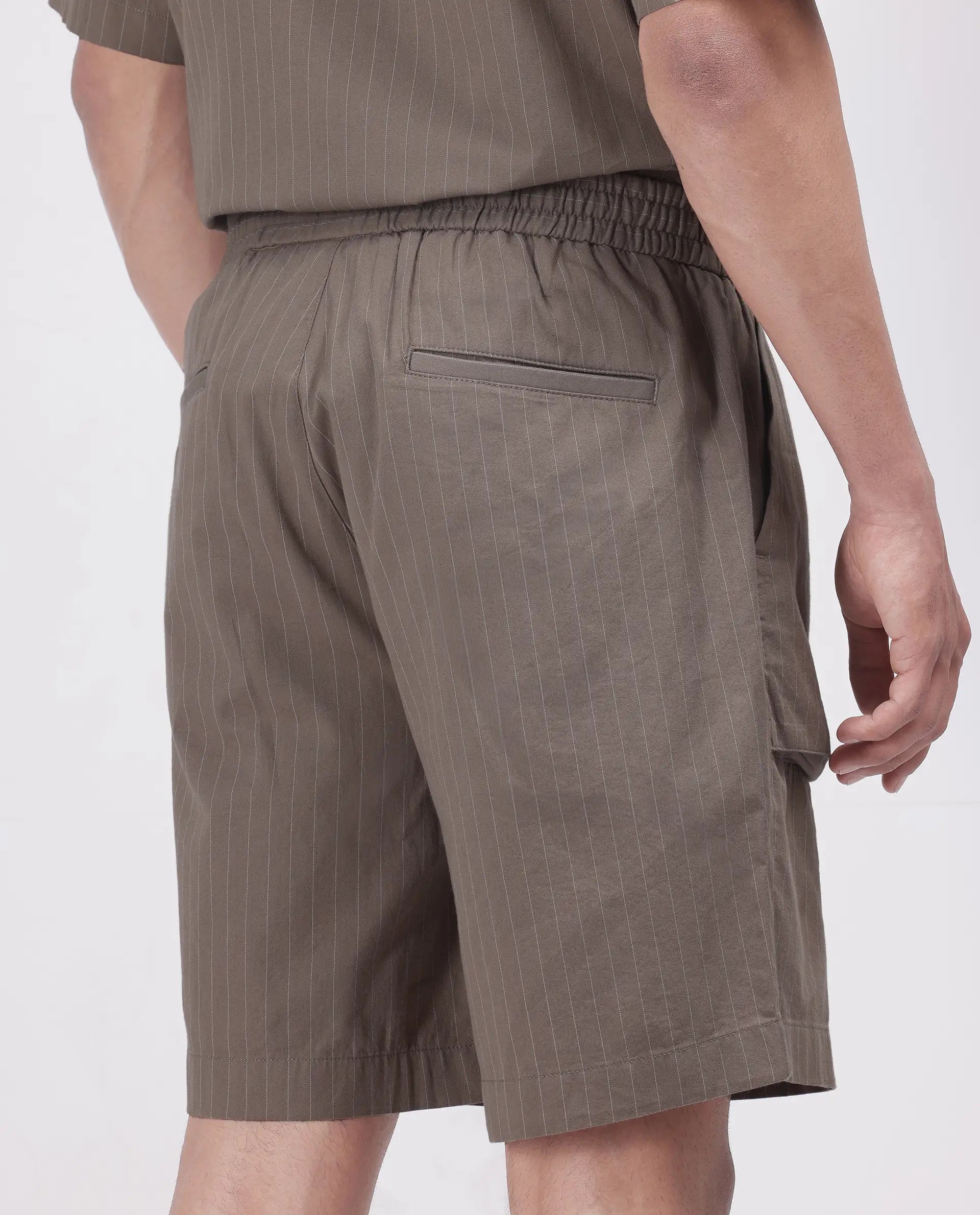 Rare Rabbit Men Habar Beige Cotton Elastane Fabric Oversized Striped Shorts