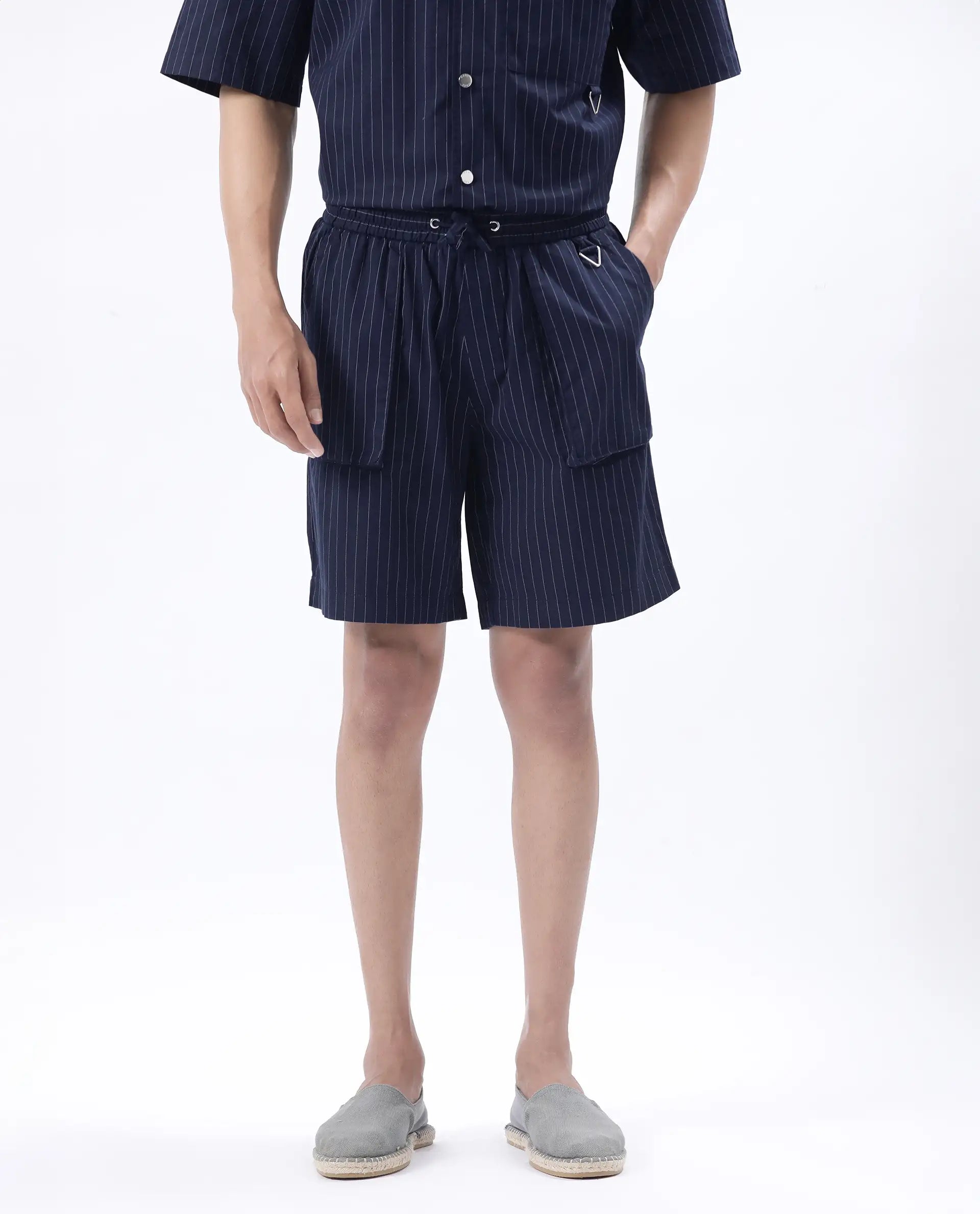 Rare Rabbit Men's Habar Navy Cotton Blend Striped Print Oversized Fit Shorts