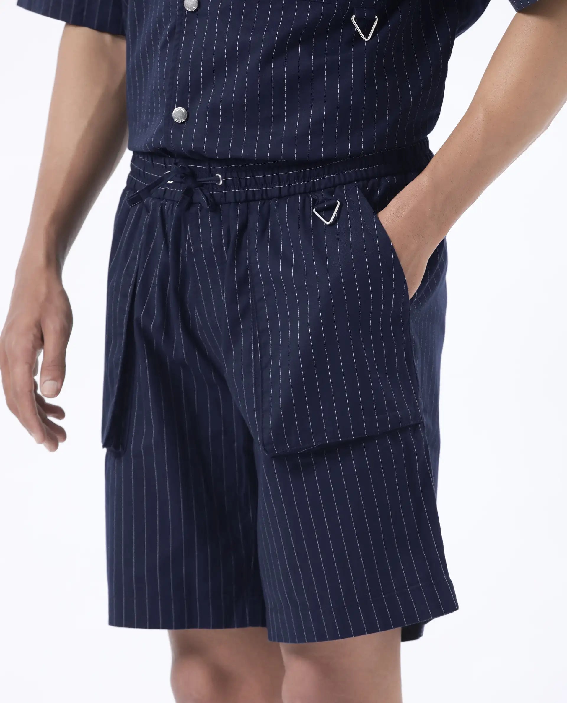 Rare Rabbit Men's Habar Navy Cotton Blend Striped Print Oversized Fit Shorts