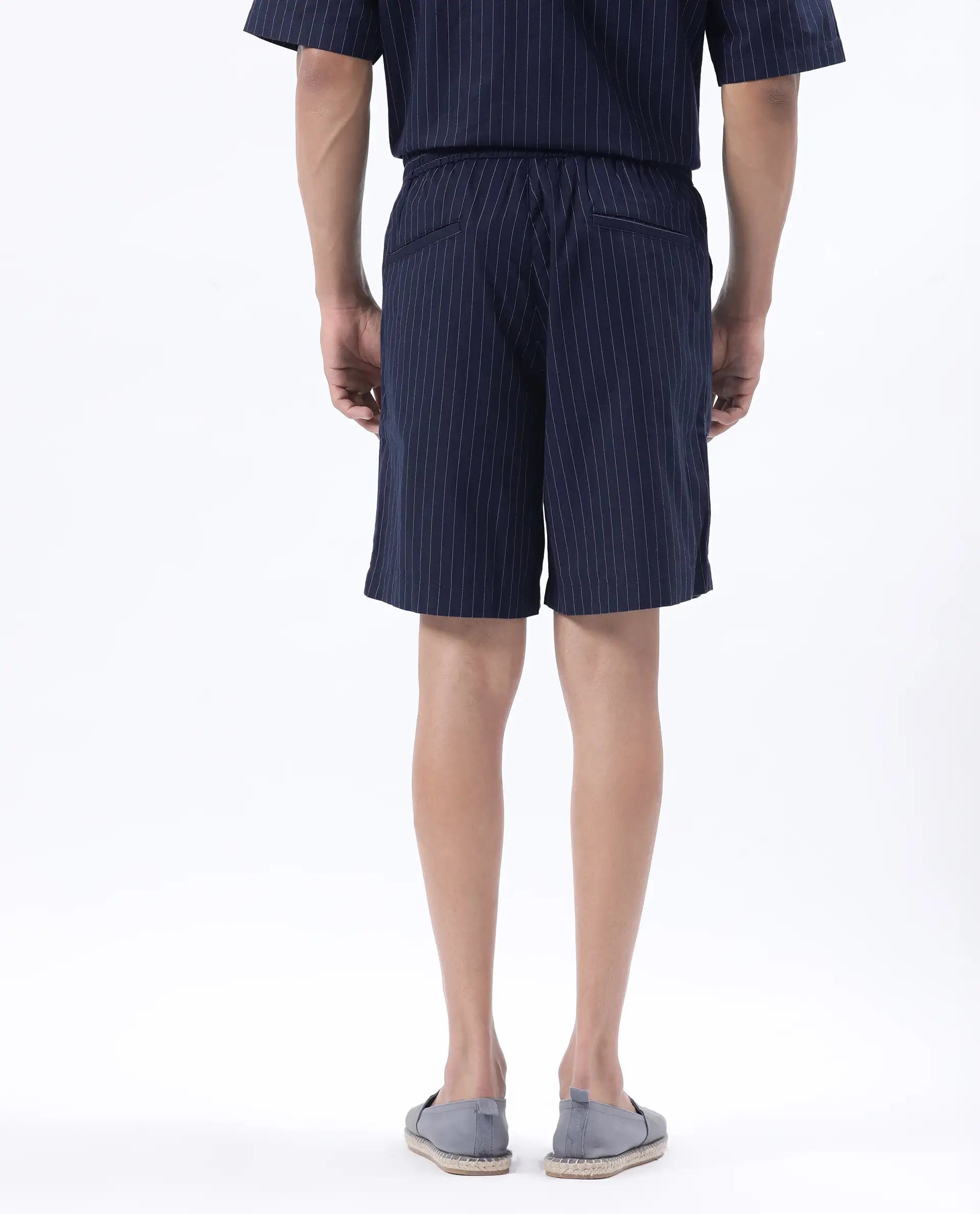Rare Rabbit Men's Habar Navy Cotton Blend Striped Print Oversized Fit Shorts
