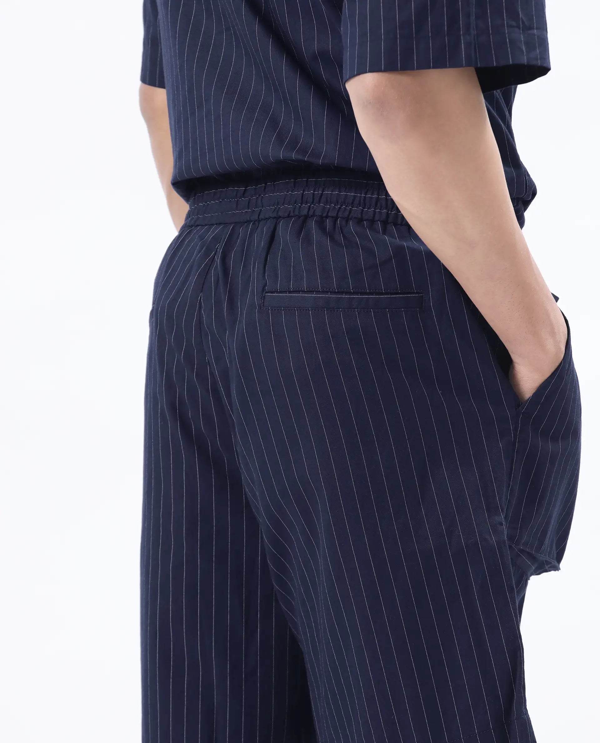 Rare Rabbit Men's Habar Navy Cotton Blend Striped Print Oversized Fit Shorts