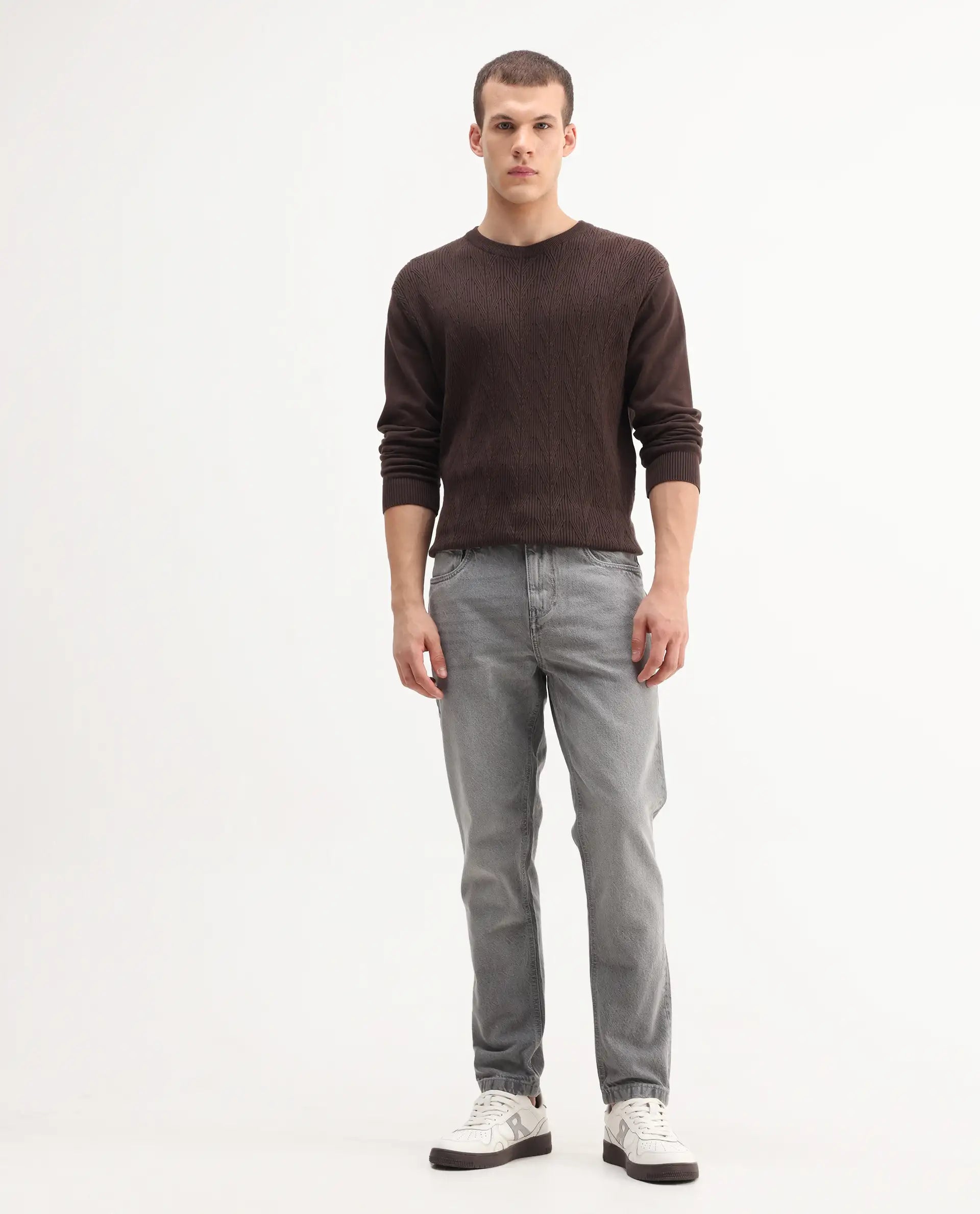 Rare Rabbit Mens Hades Grey Solid Mid Rise Mid Wash Regular Fit Jeans