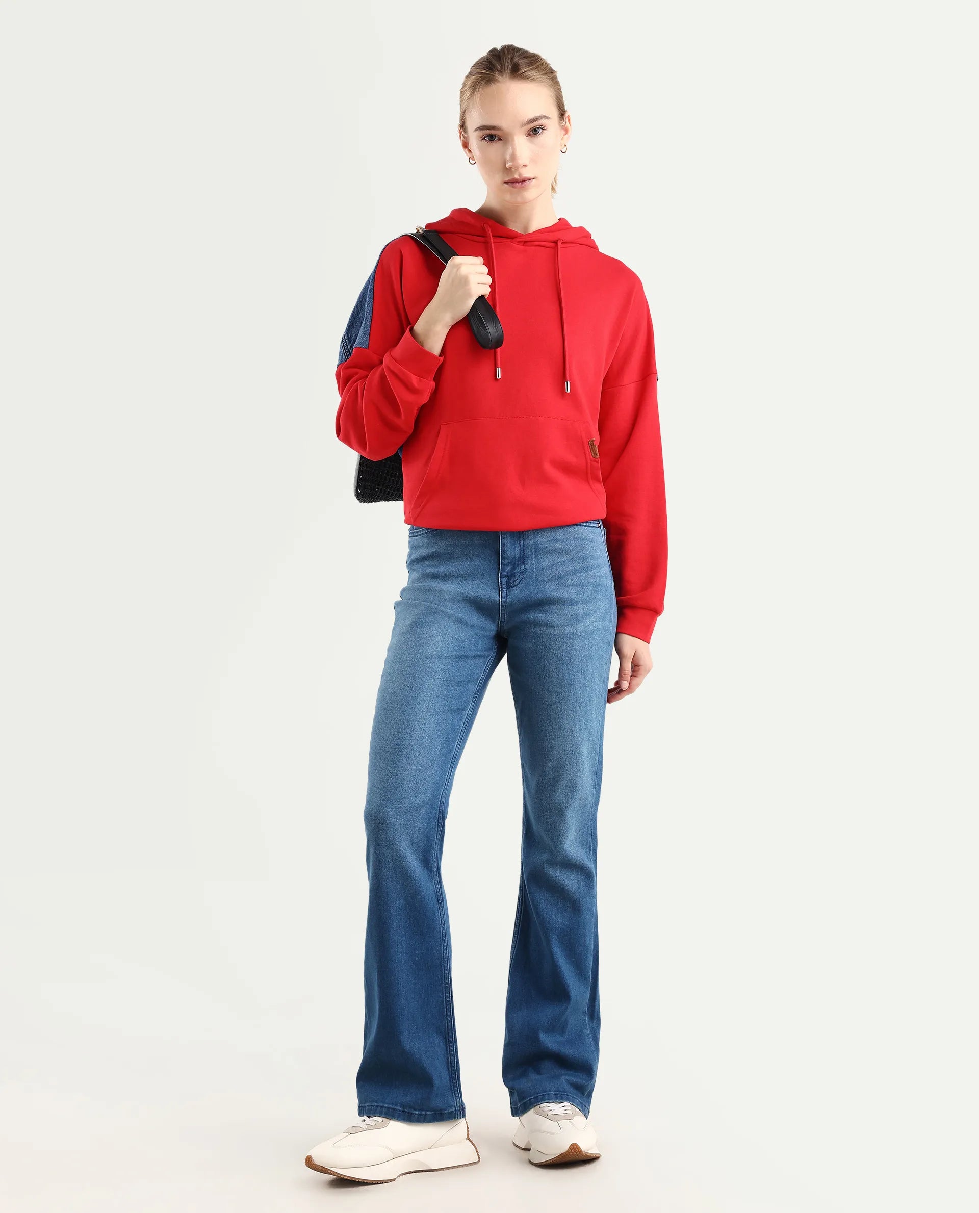 Rareism Women's Hadley Light Blue Cotton Blend Plain Ankle Length Bootcut Jeans